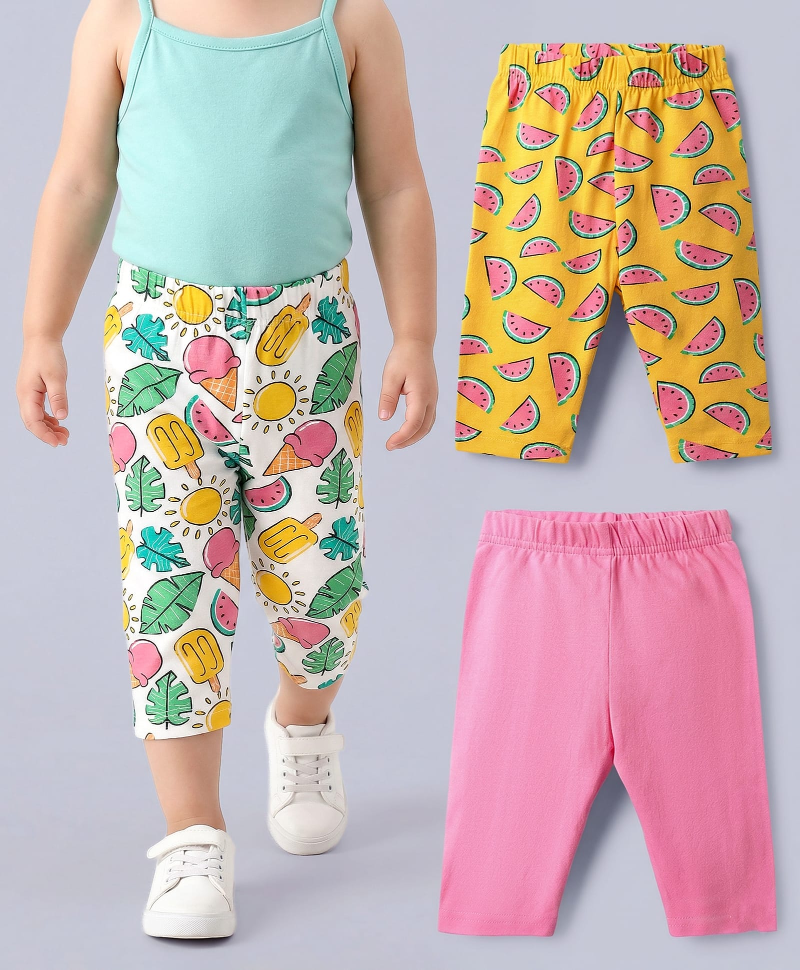 Babyhug Cotton Lycra Knit Three Fourth Fruit Printed Leggings Pack of 3 - Pink Yellow & White-image-31