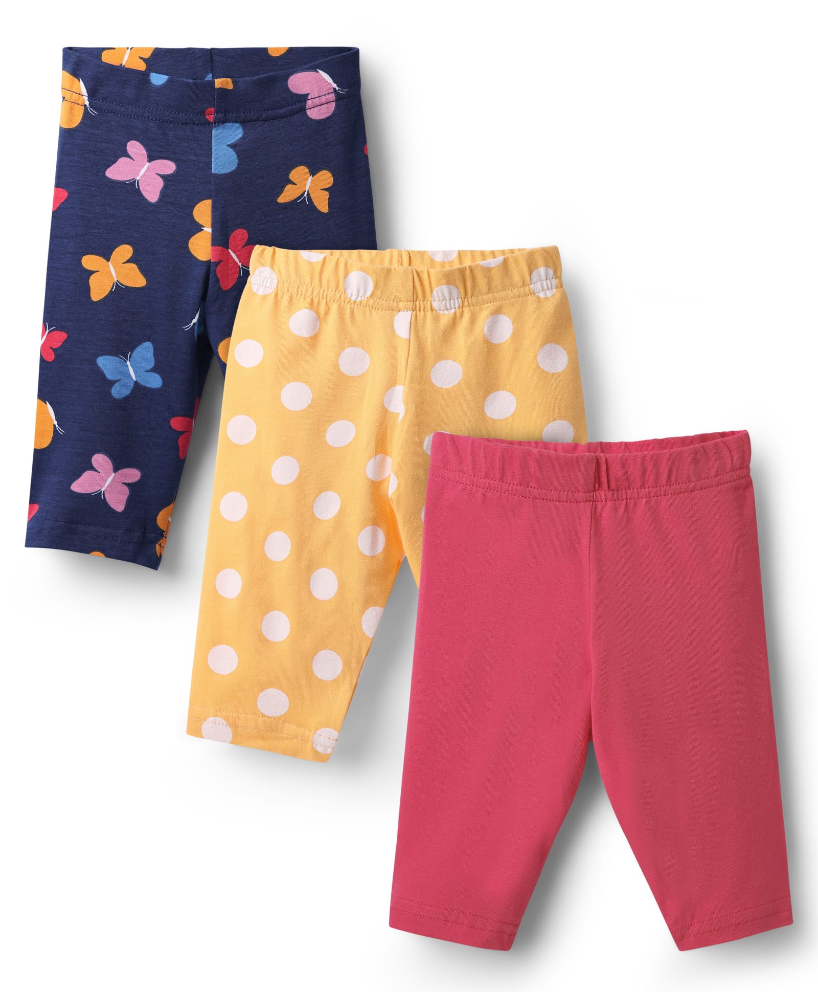 Babyhug Cotton Knit Three Fourth Length Leggings with Butterfly & Polka Dot Design Print Pack of 3 - Navy Blue Red & Yellow
