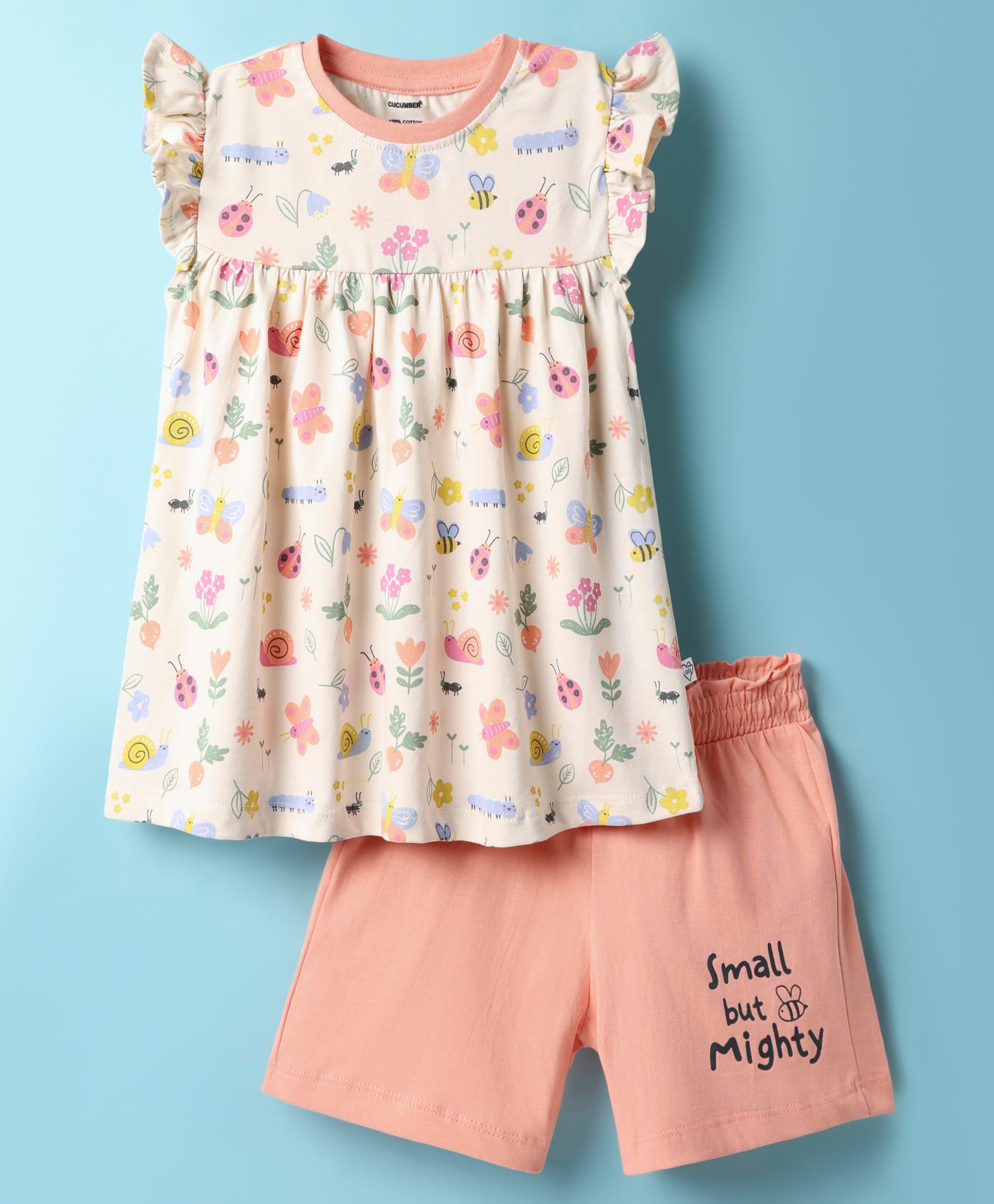 CUCUMBER Sinker Knit Frill Sleeves Floral Printed Frocks With Shorts - Pink-image-27