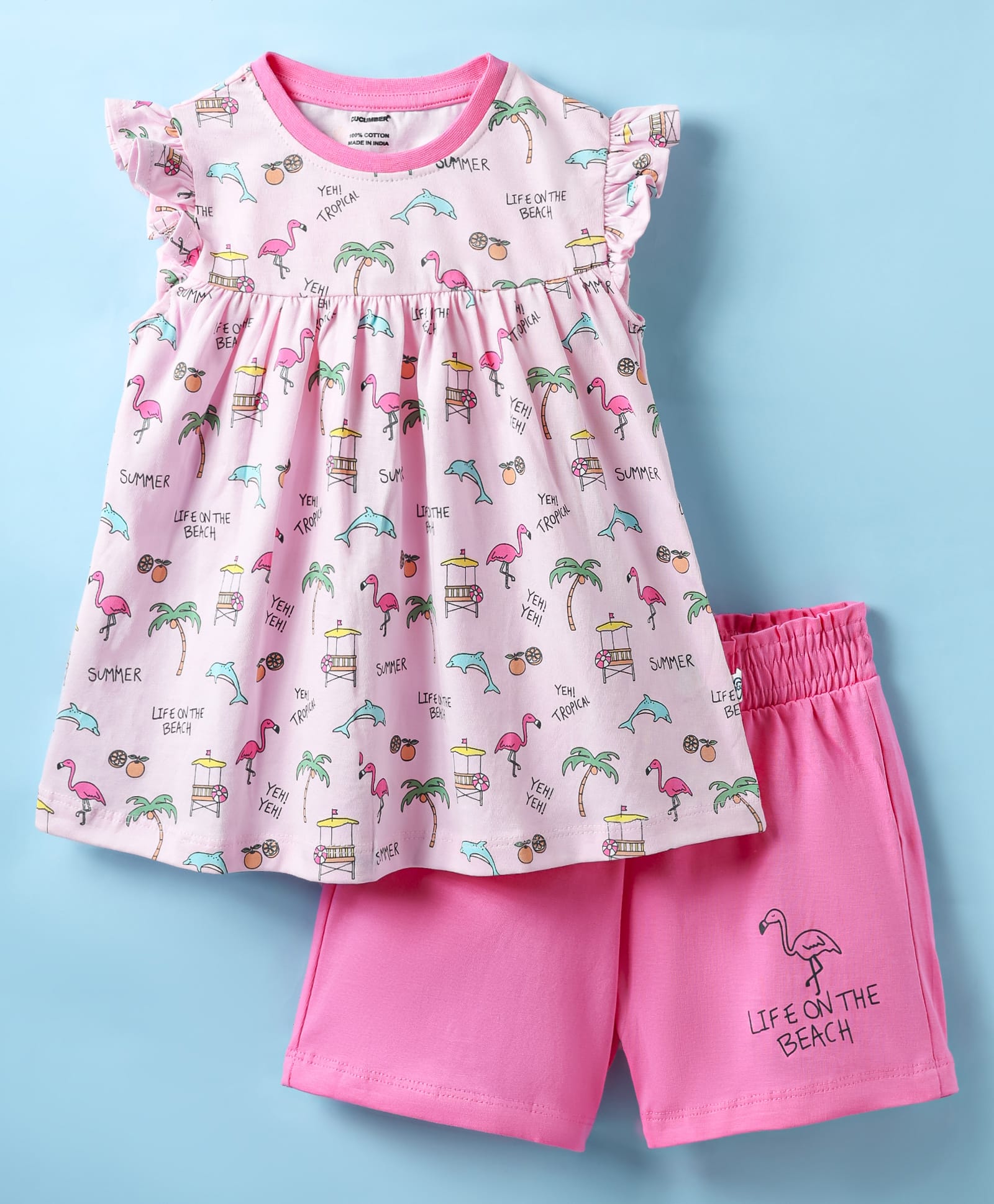 CUCUMBER Sinker Knit Frill Sleeves Frock & Bloomer with Flamingo Print - Pink-picture-27