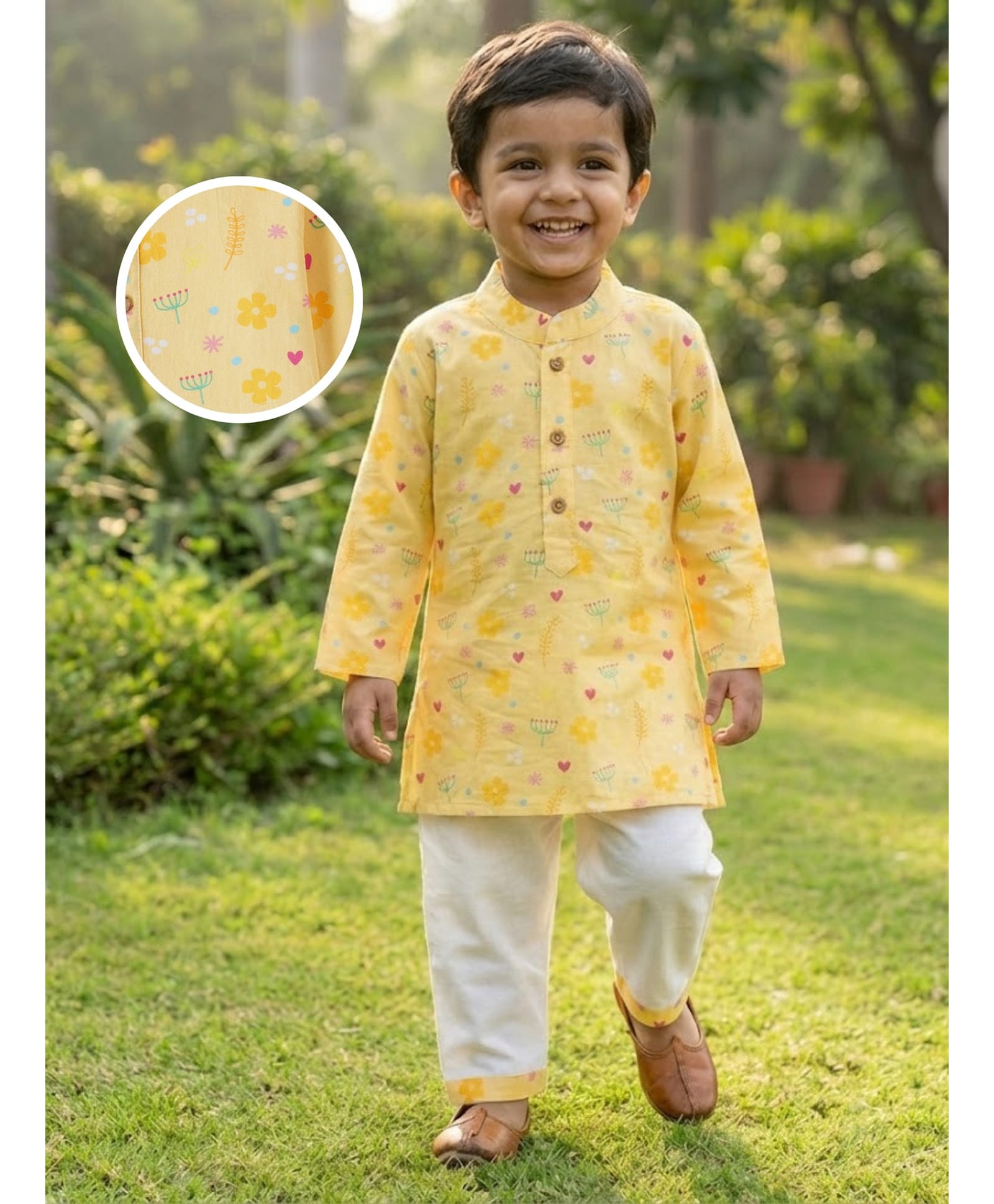 Desi Soota Cotton Full Sleeves Floral & Hearts Printed Coordinating Kurta Pyjama Set - Yellow-picture-28