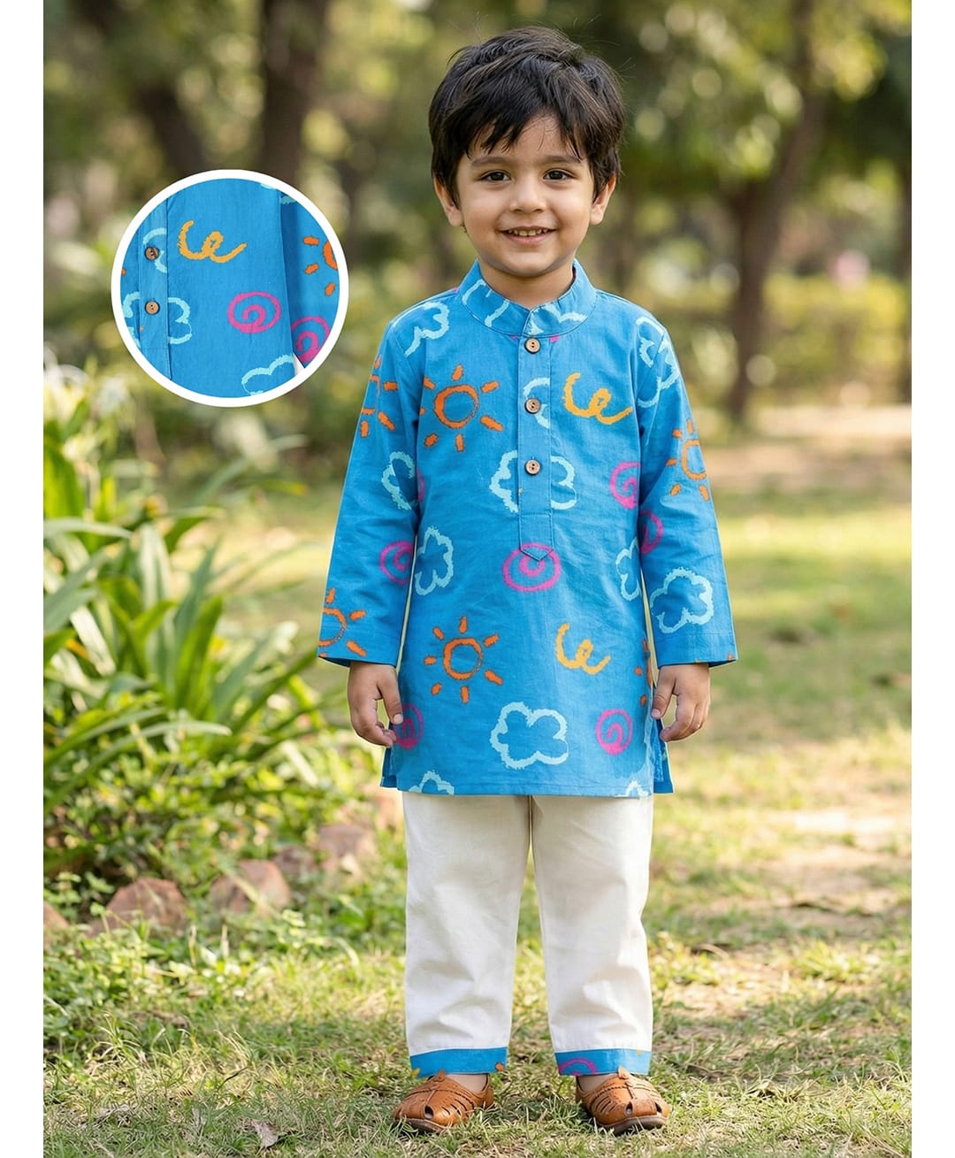Desi Soota Cotton Full Sleeves Clouds & Sun Printed Coordinating Kurta Pyjama Set - Blue-image-32
