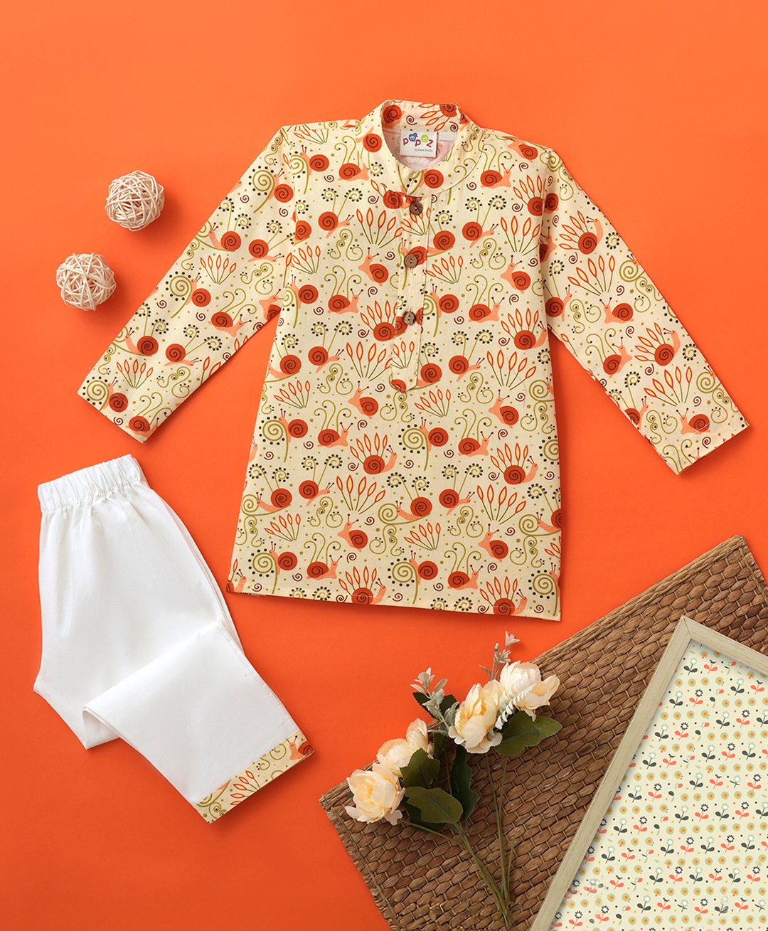 Desi Soota Cotton Full Sleeves Snail Printed Coordinating Kurta Pyjama Set - Beige-image-44
