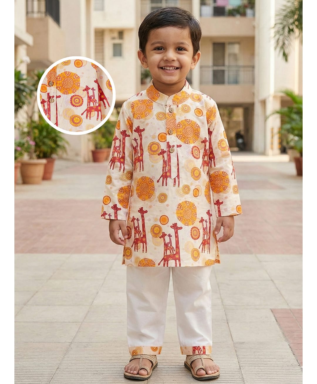 Desi Soota Cotton Full Sleeves GiraffePrinted Coordinating Kurta Pyjama Set - Cream-picture-24