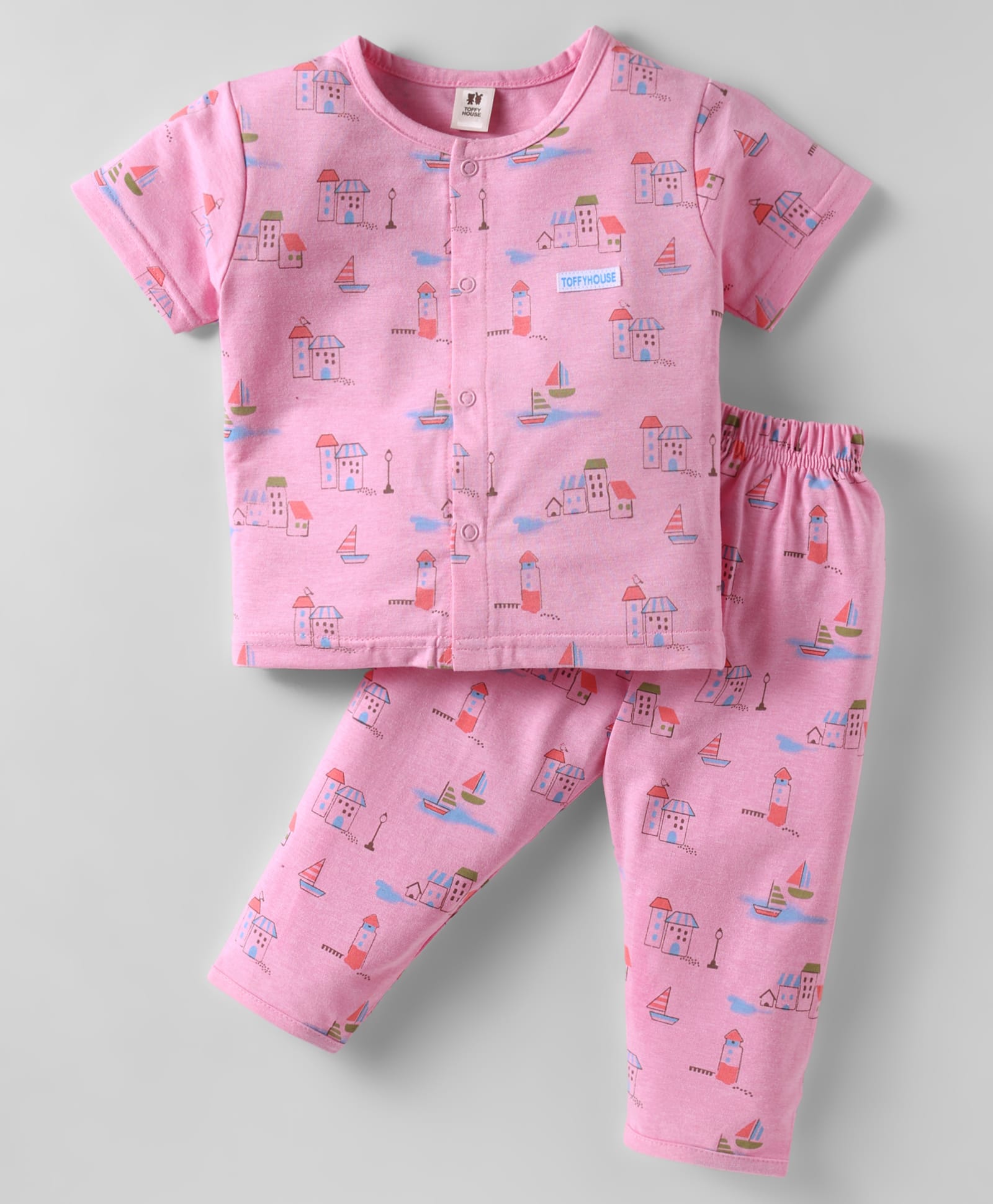 ToffyHouse Knitted Half Sleeves Co-ords Front Open Night Suit With House Print - Pink-image-41