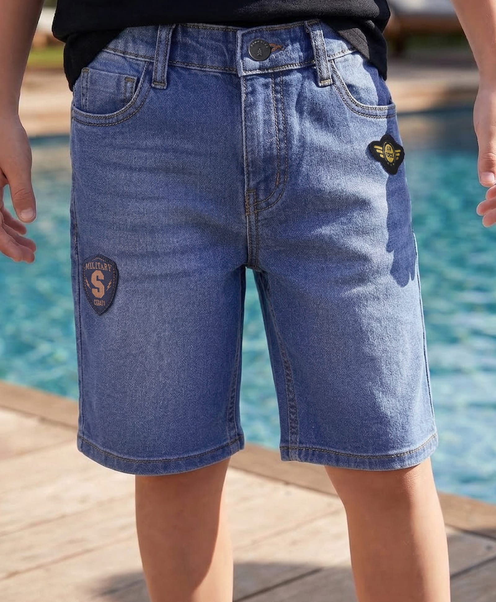 Pine Kids Woven Knee Length Shorts With Patch Detailing - Blue-image-49