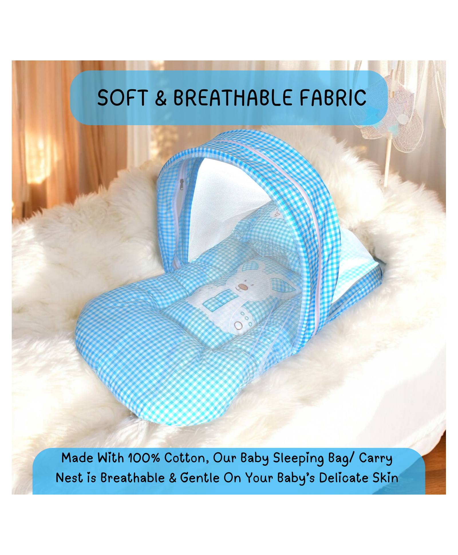 Voidrop Baby Cotton Bedding with Mosquito Net Bed in Blue Color-image-23
