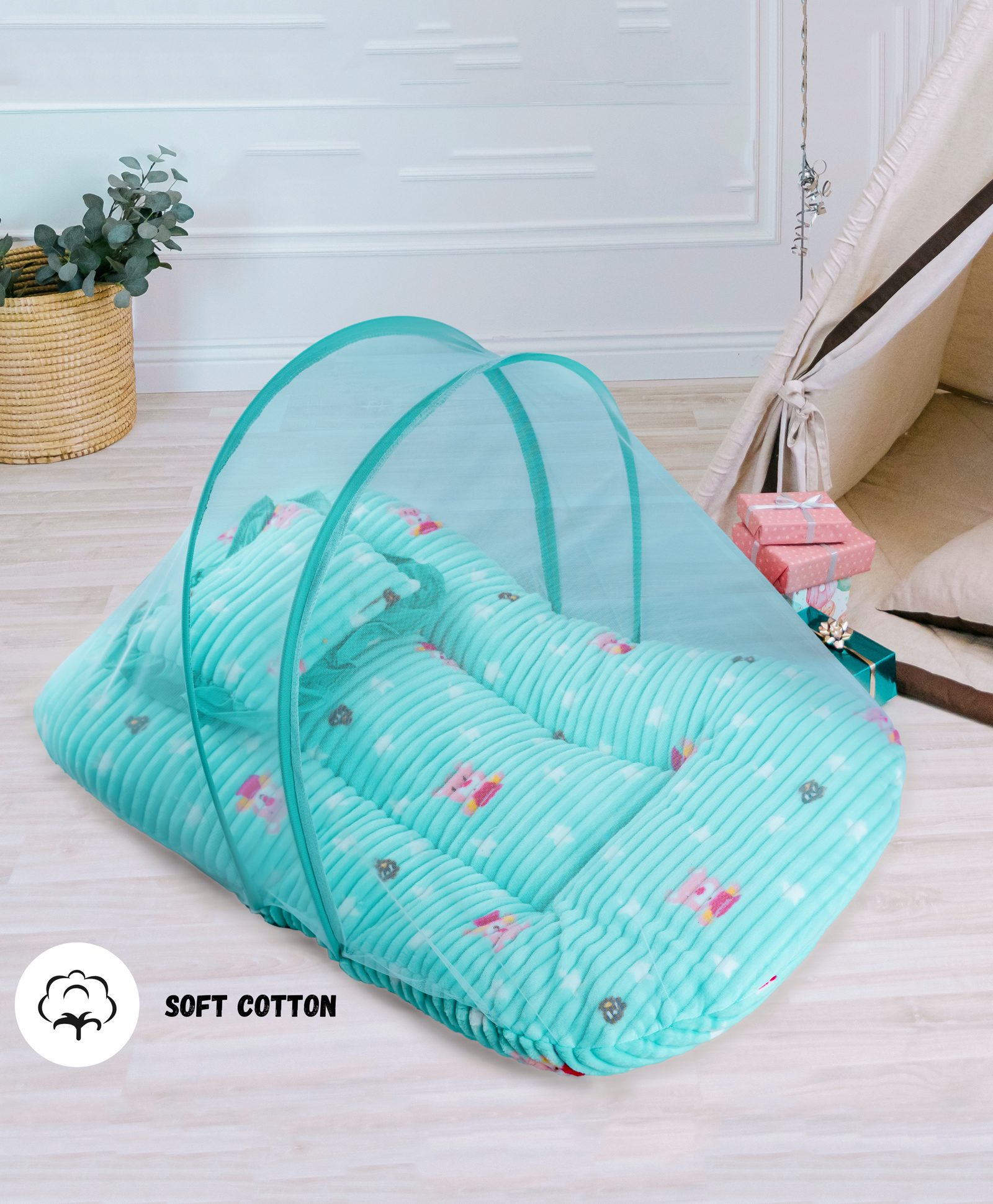 VOIDROP Baby Cotton fur Bedding with Mosquito Net Bed in Sea-Green Color-image-41