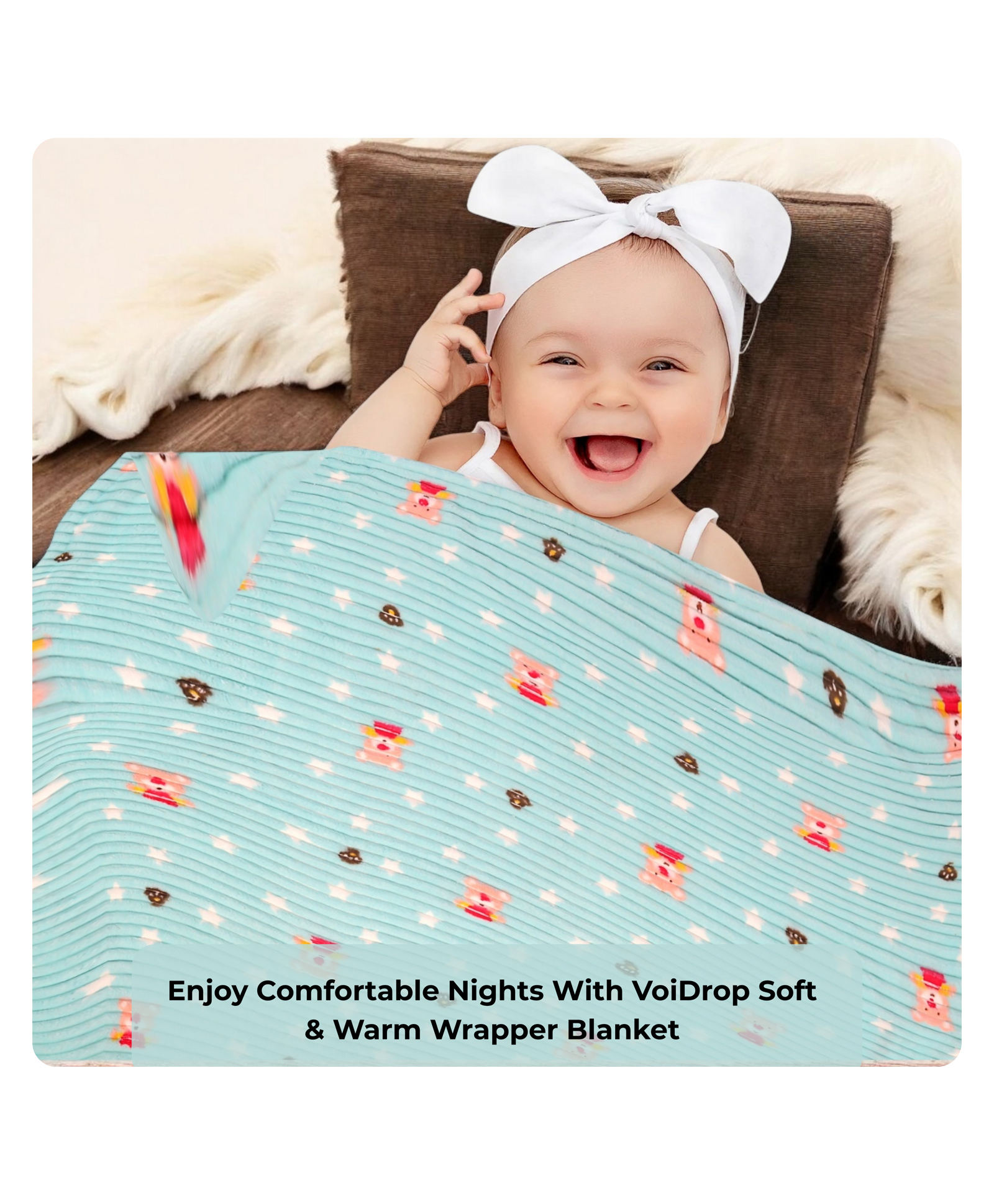 Voidrop Supersoft Double LayeredAll Season Velvet Baby Blanket with Star & Teddy Print- Sea-Green-picture-46