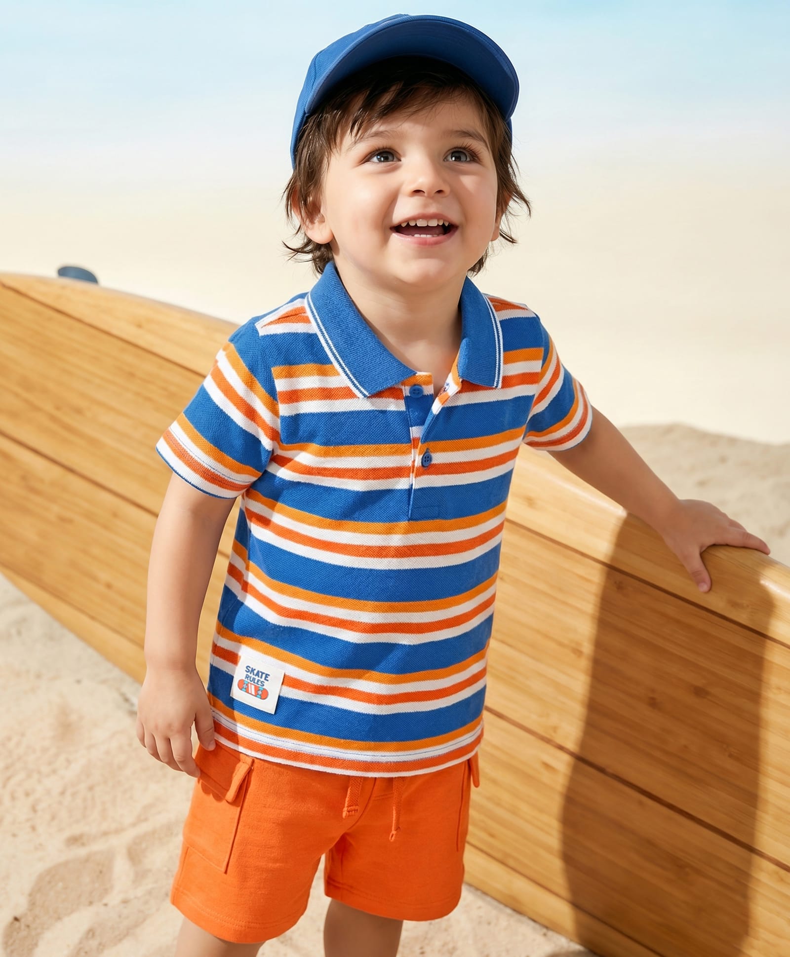 Babyhug Single Jersey Knit Half Sleeves Polo T-Shirt & Shorts Set with Stripes - Orange & Blue-picture-19