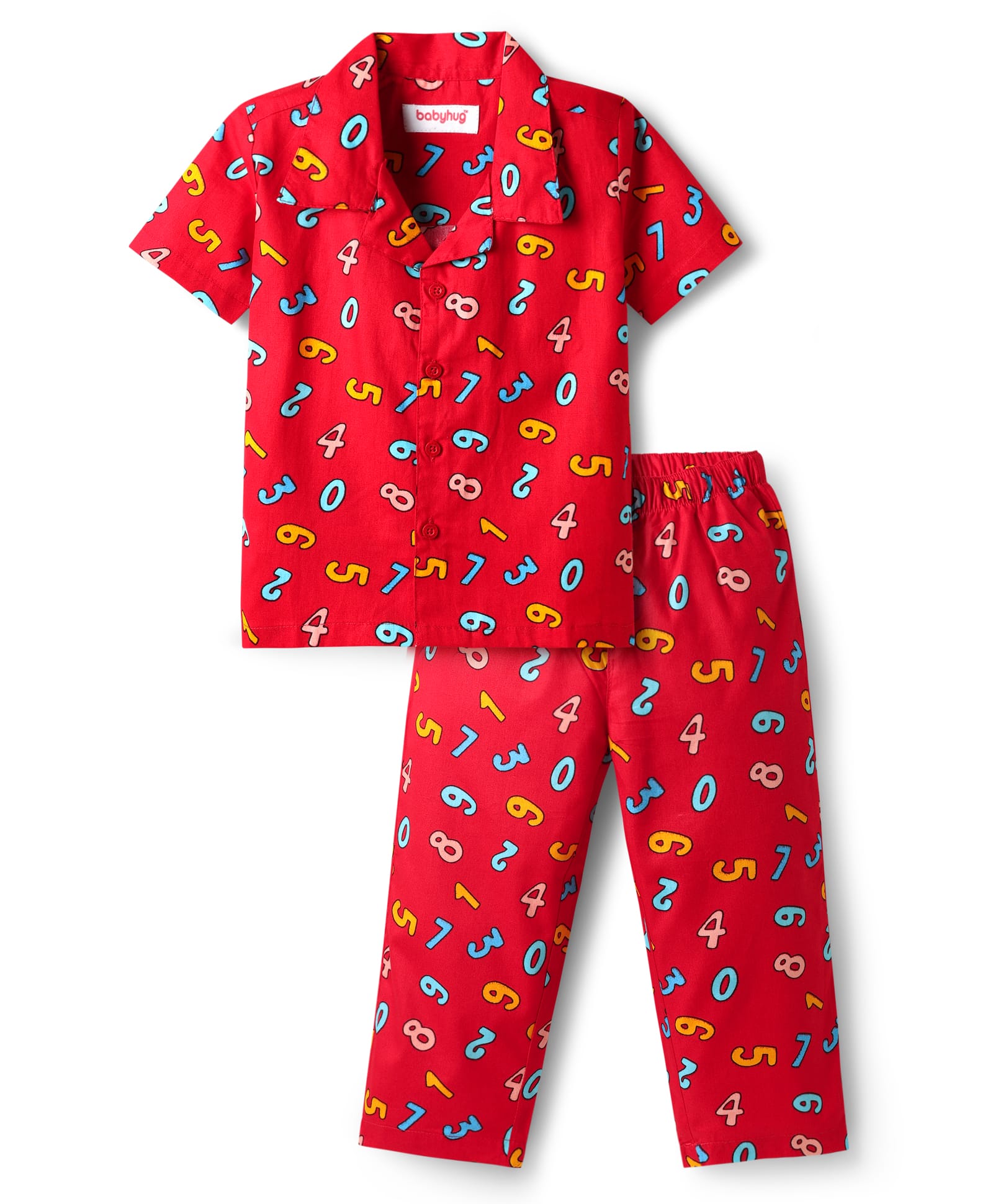 Babyhug Cotton Woven Half Sleeves Co-ords Front Open Night Suit With Number Print - Red