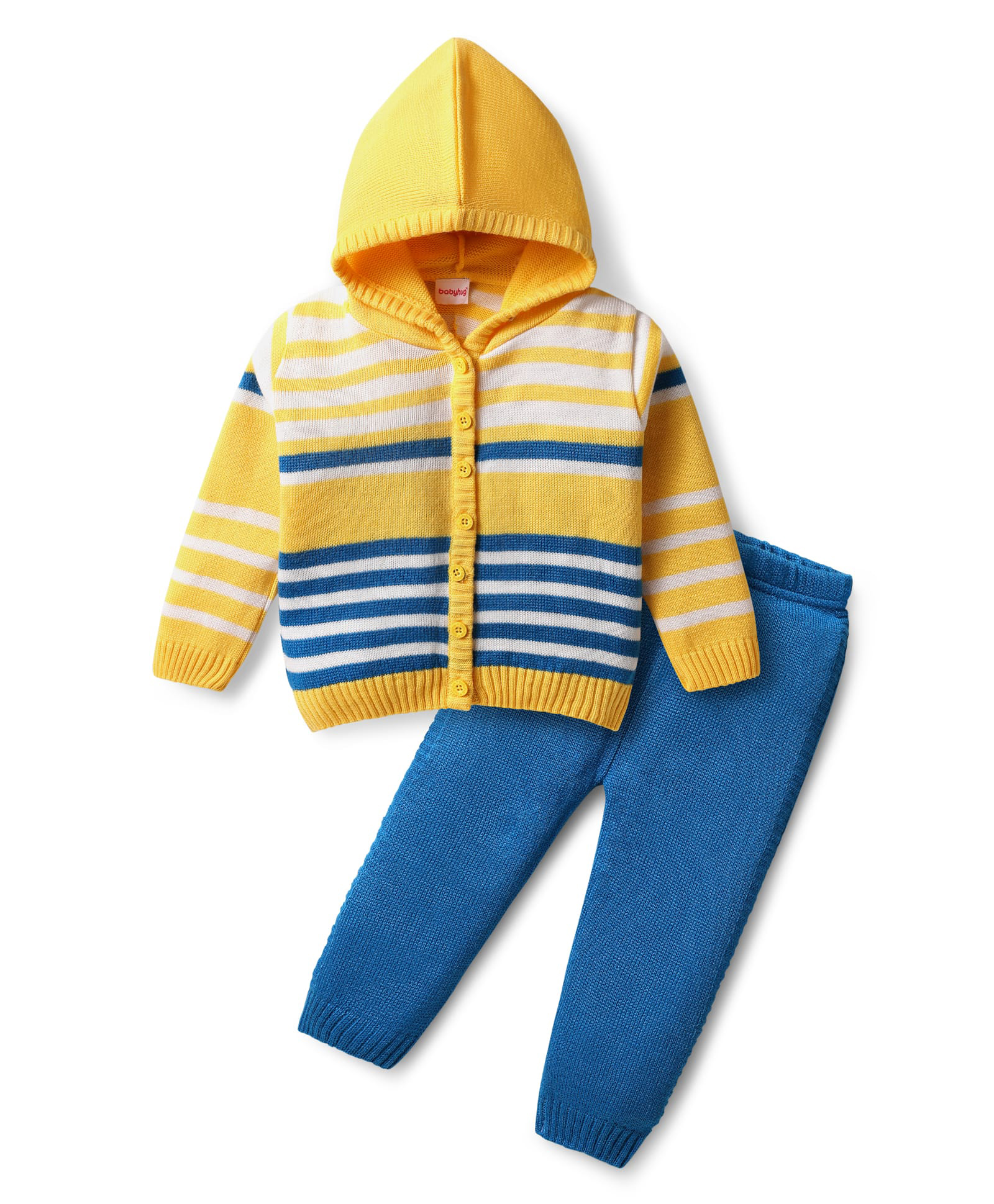 Babyhug Full Sleeves Hooded Front Open Sweater Set With Stripes Design - Golden & Blue-image-30