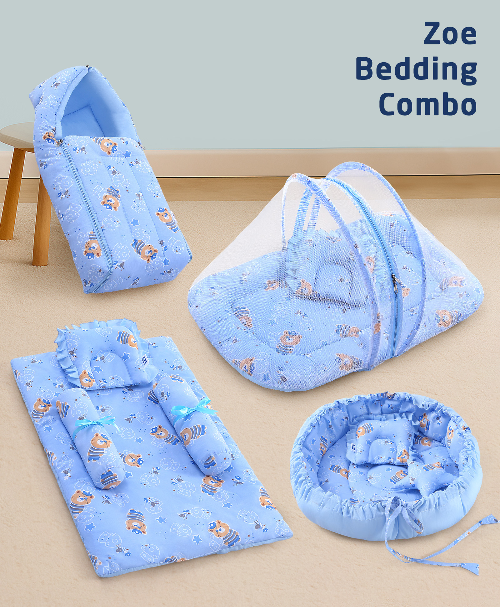 Zoe Baby Bedding Set Combo 4-in-1 Sleeping Bag, Mattress with Mosquito Net Nest Set | Bear & Mushroom Print Blue | Cotton | For 0-6 Months | Washable & Skin-Friendly