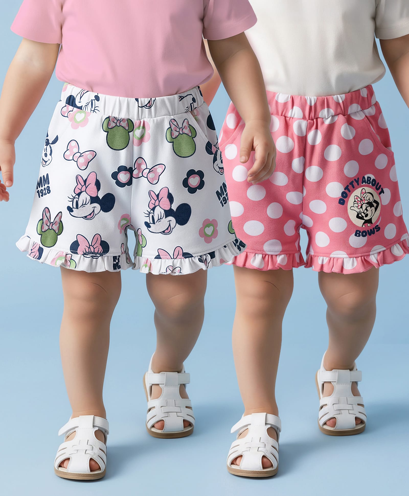 babyoye Disney Terry Knit Knee Length Shorts with Minnie Mouse Print Pack of 2 - Pink & White-picture-12