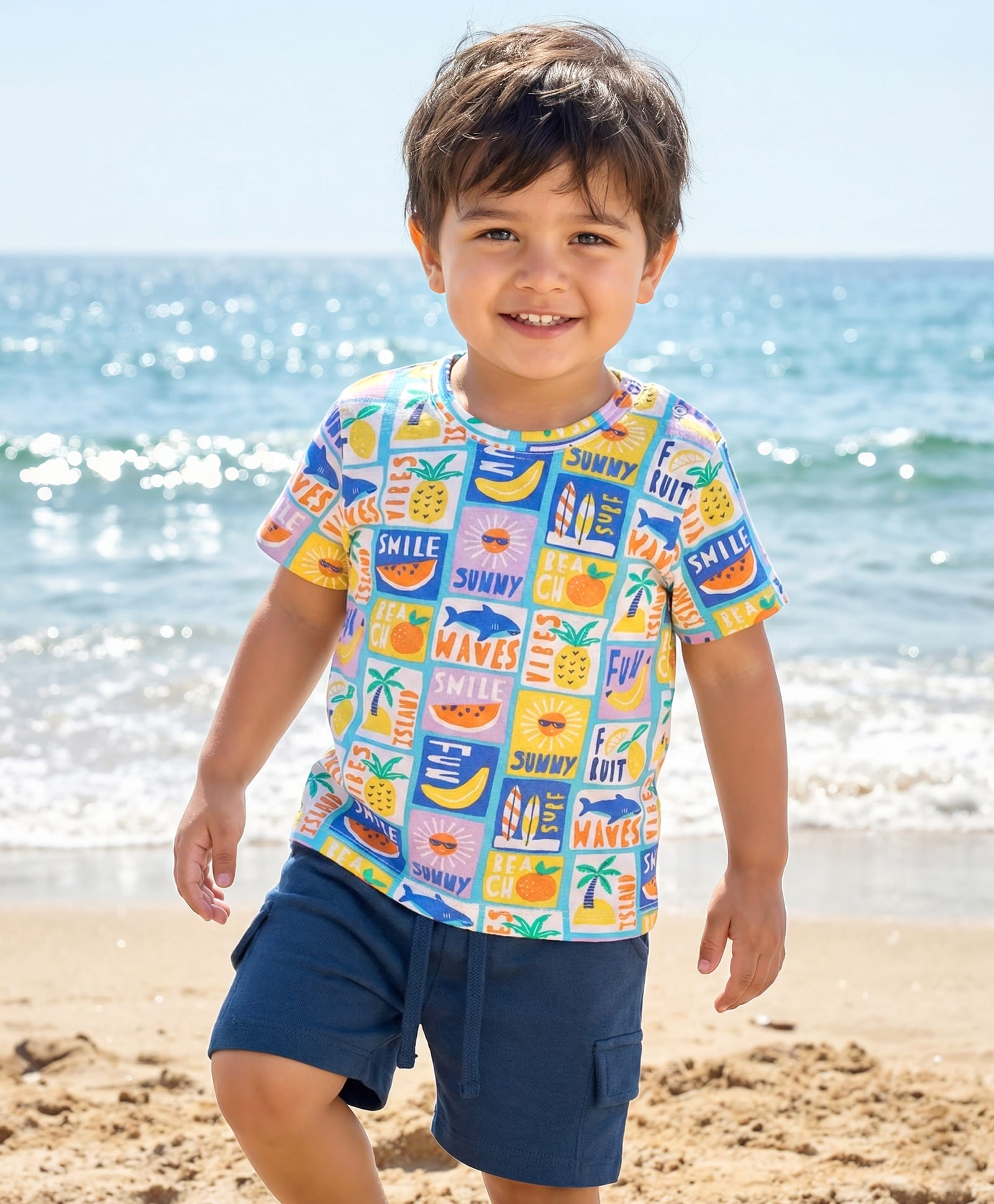 Babyhug Single Jersey Knit Half Sleeves T-Shirt & Shorts Set with Beach Theme Print - Navy Blue-picture-20