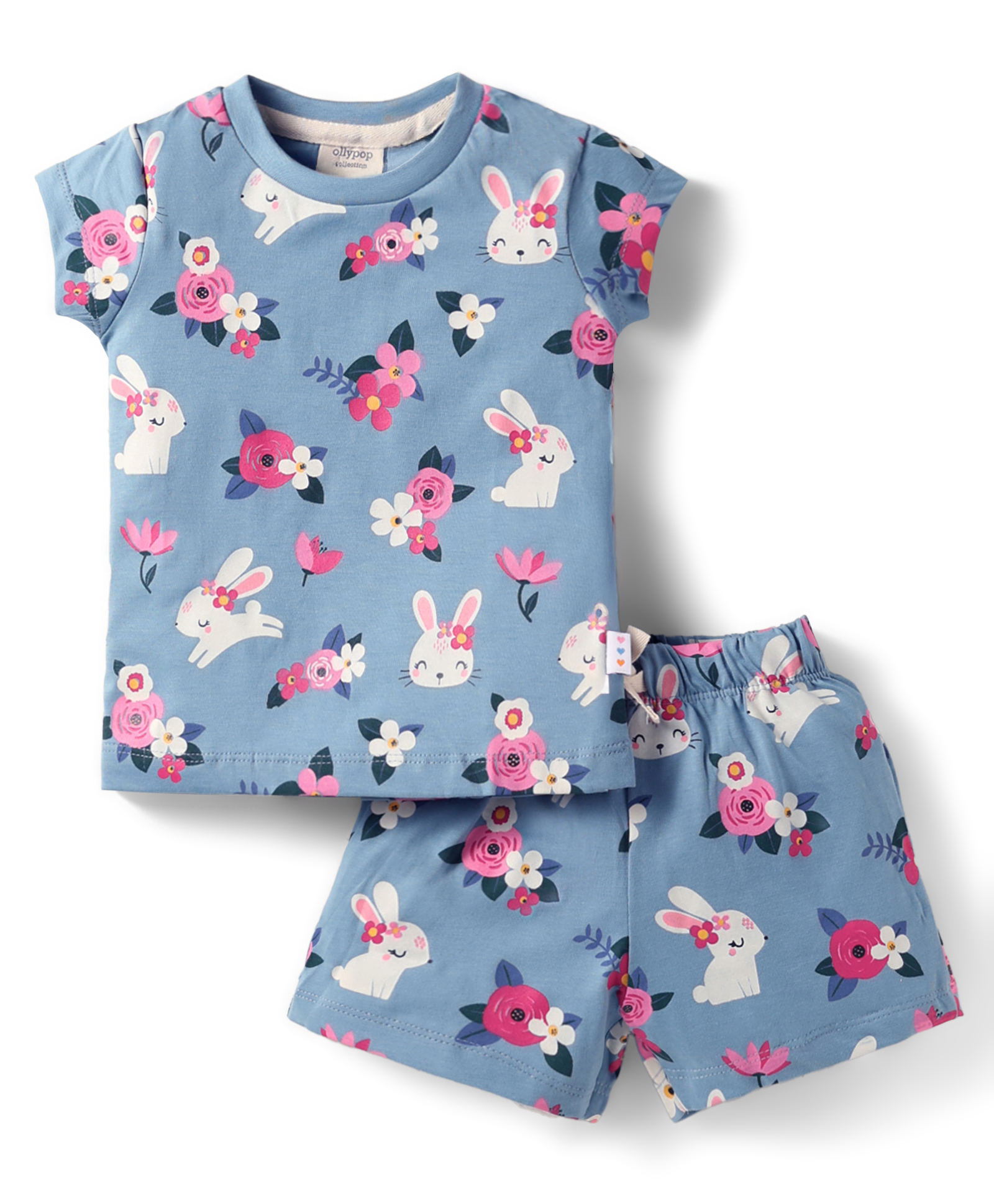 Ollypop Sinker Knit Half Sleeves Co-Ords Shorts Night Suit With Floral & Bunny Print - Light Blue-image-17