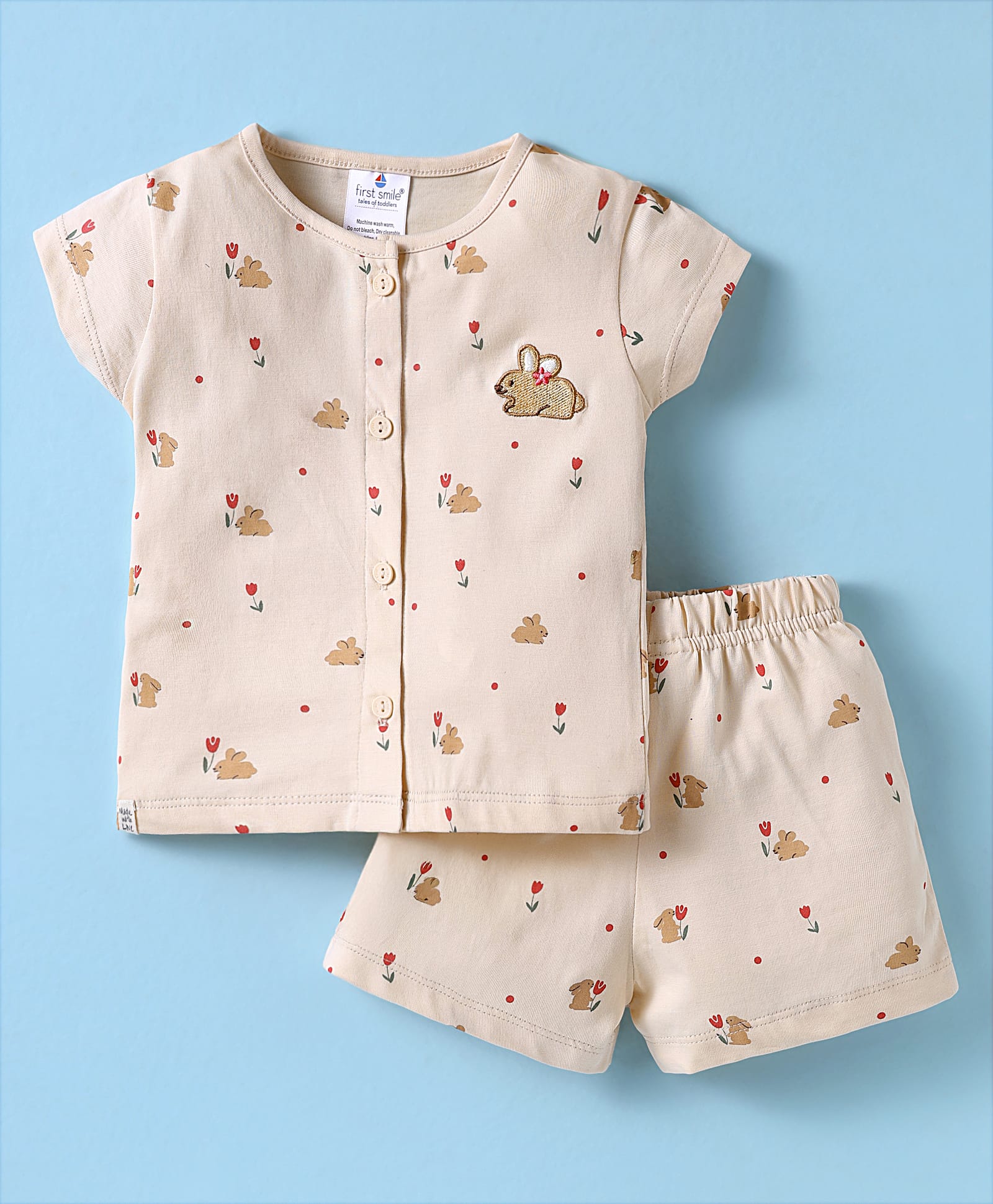 First Smile Sinker Knit Half Sleeves Shorts Co-ord Night Suit with Bunny Print - Pink