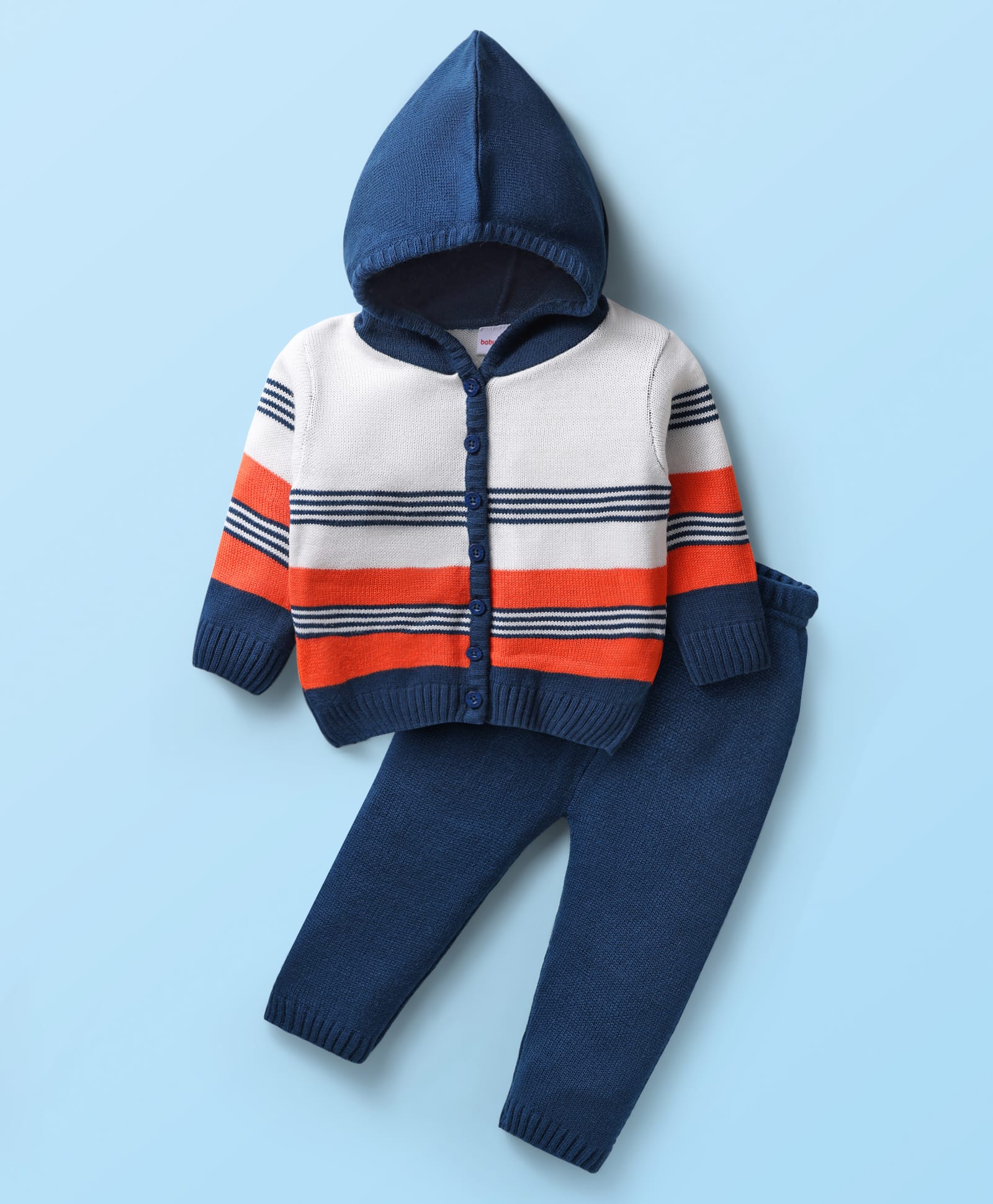 Babyhug Knitted Full Sleeves Hooded Striped Sweater Set - Navy Blue-image-47