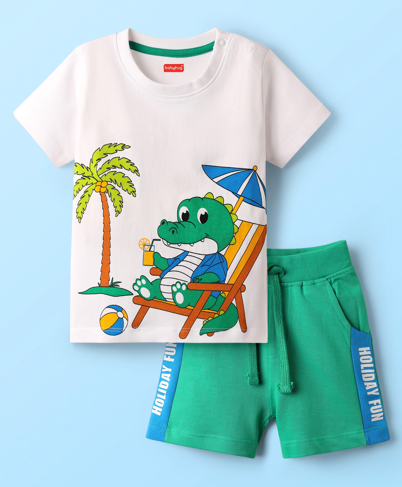 Babyhug Single Jersey Knit Half Sleeves T-Shirt & Shorts Set with Crocodile Print - Green & White-image-18