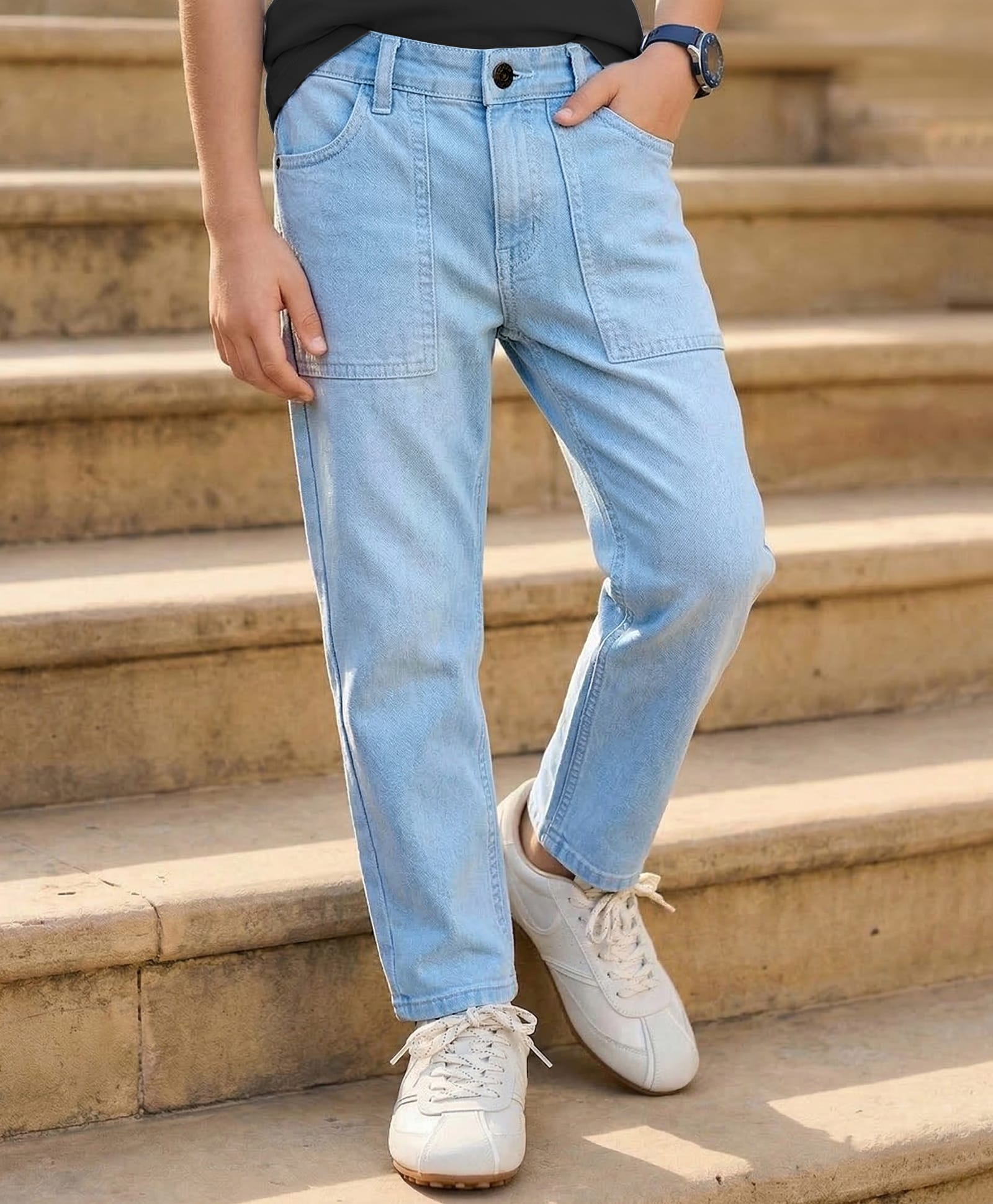 Pine Kids Woven Full Length Washed Denin Jeans - Light Blue-picture-15