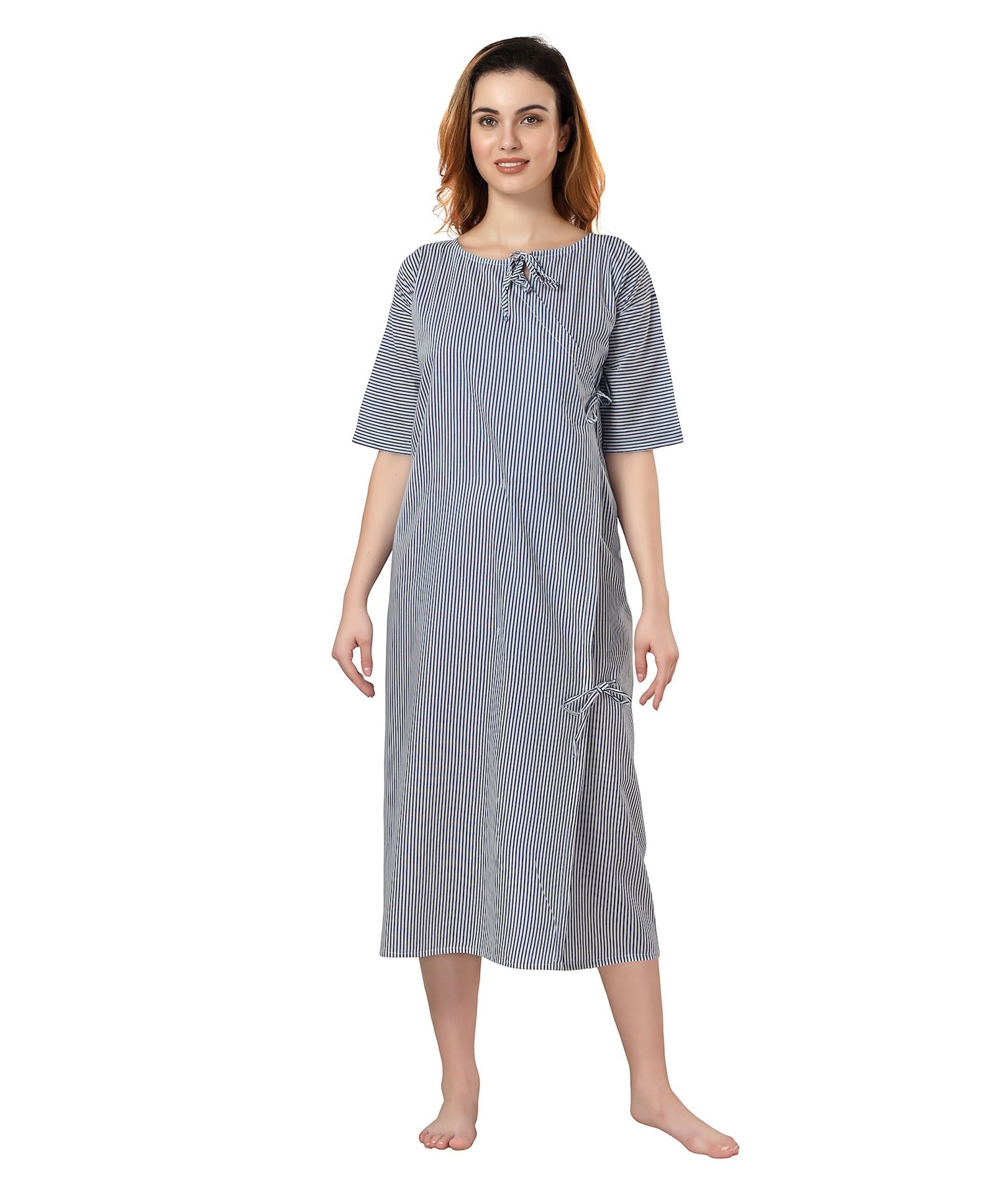 Piu Cotton Woven Half Sleeves Striped Hospital Patient Maternity Gown - Blue-picture-38