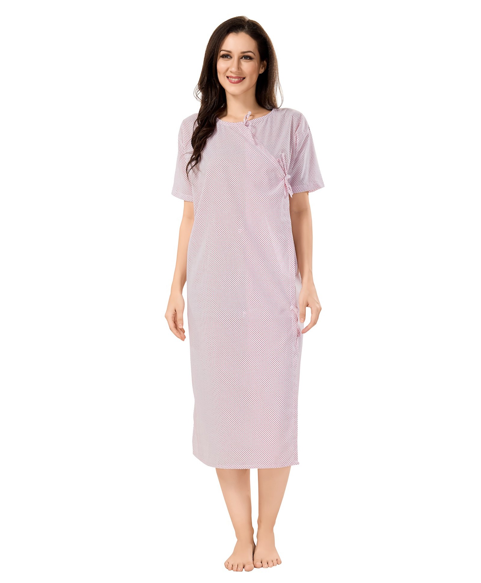 Piu Cotton WovenHalf Sleeves Polka Dots Printed Hospital Patient Maternity Gown - Red-picture-39