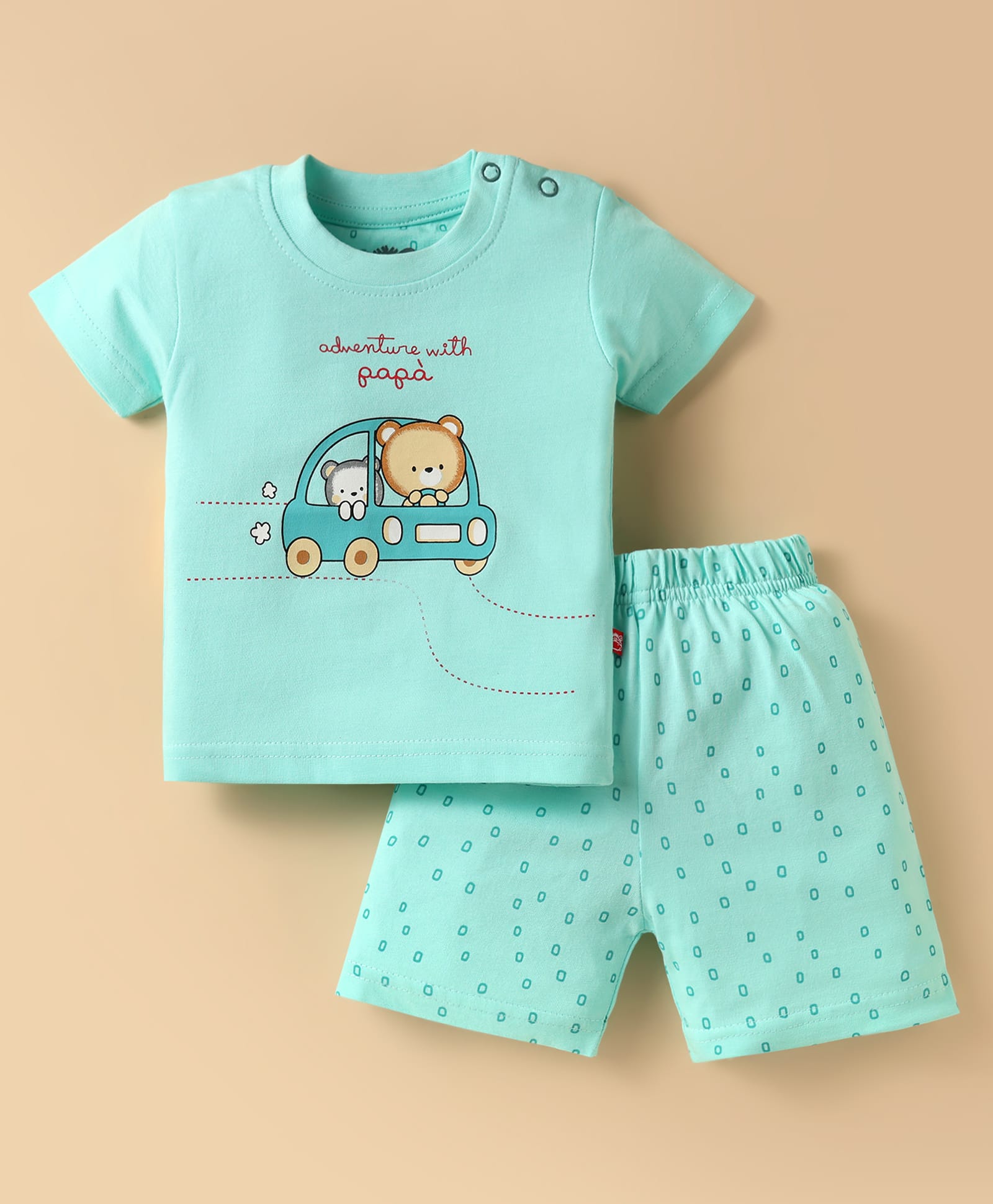 Mini Taurus Sinker Knit Half Sleeves Shorts Night Suit With Bear Print - Mint-picture-28