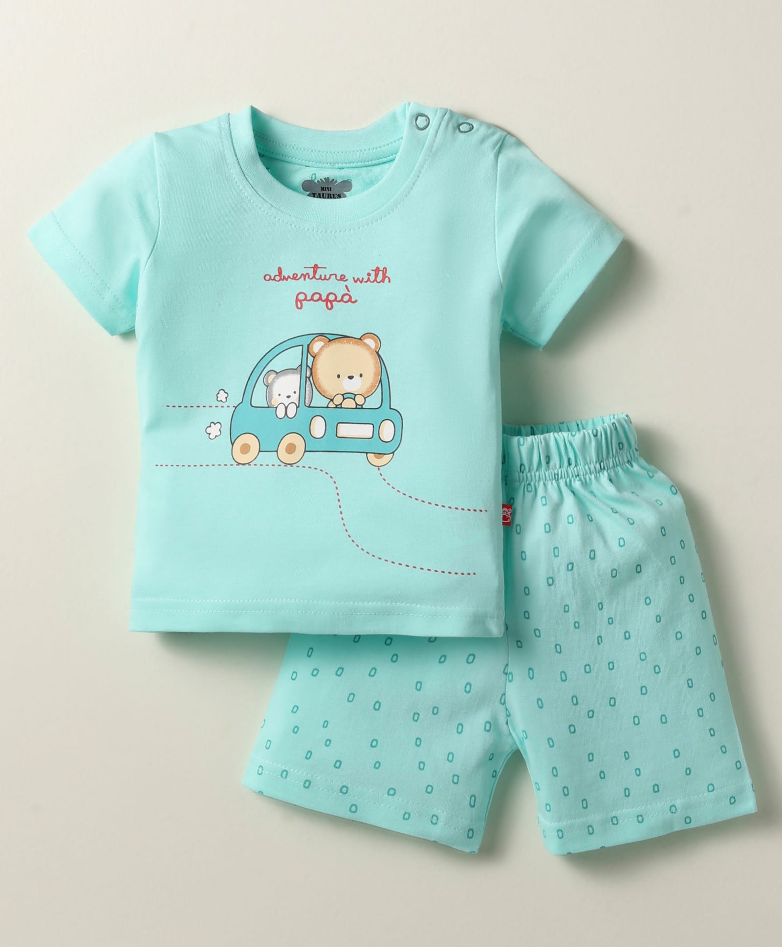 Mini Taurus Sinker Knit Half Sleeves Shorts Night Suit with Bear Print - Sea Green-image-18