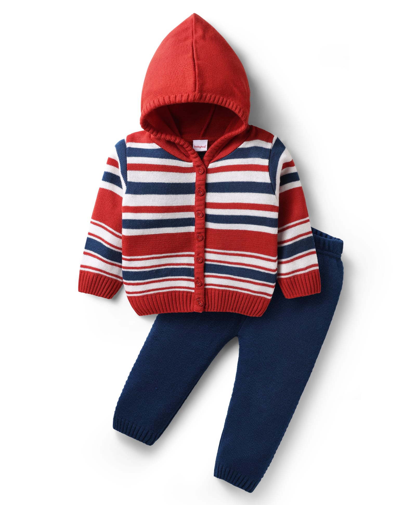 Babyhug Knitted Full Sleeves Hooded Front Open Striped Sweater Set - Red & Navy Blue-image-46