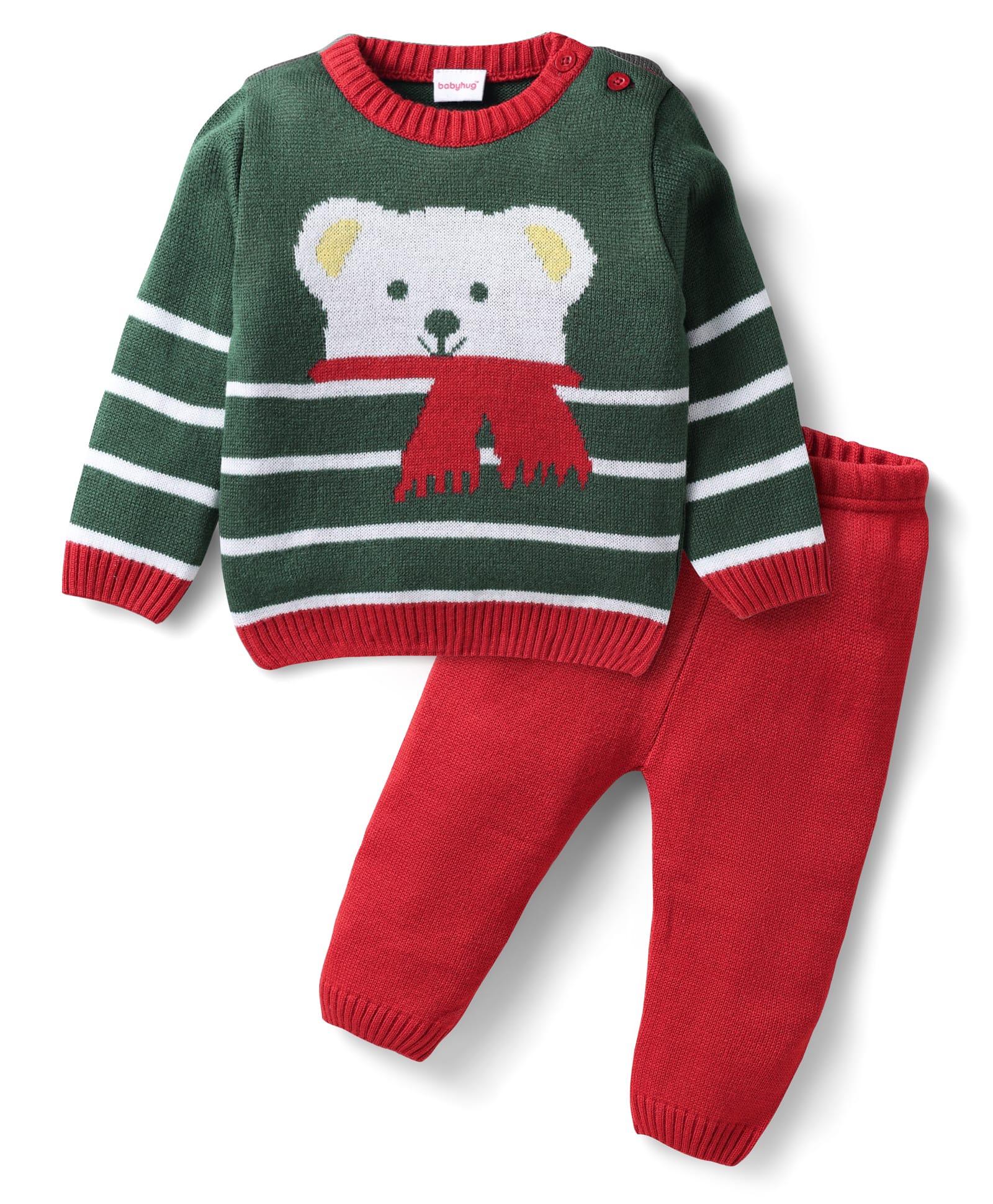 Babyhug Knit Full Sleeves Striped Sweater Set With Bear Print - Olive Green & Red-image-37