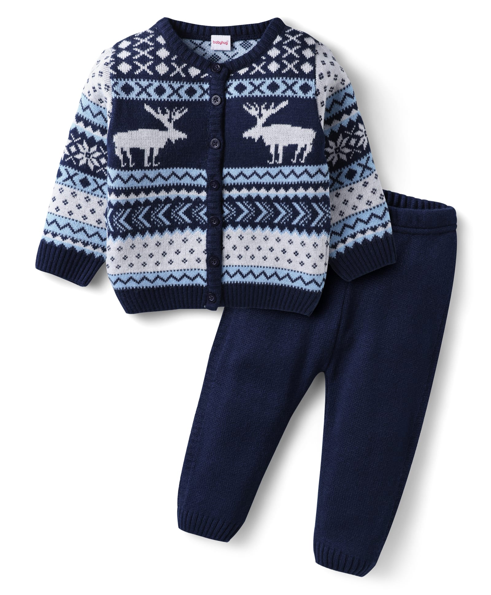 Babyhug Knitted Full Sleeves Front Open Sweater Set With Reindeer Design - Royal Blue-image-25