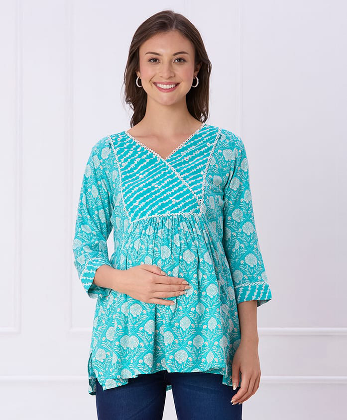 Bella Mama Woven Three Fourth Sleeves Floral Printed Maternity Top With Highlighted Yoke - Teal Blue