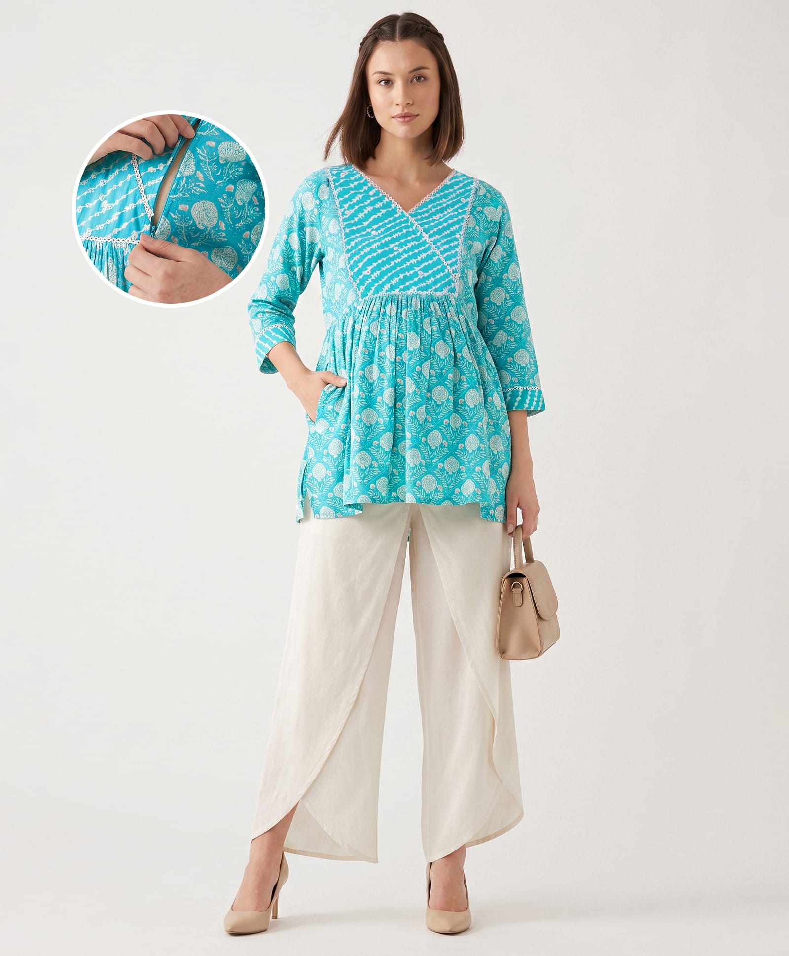 Bella Mama Woven Three Fourth Sleeves Floral Printed Maternity Top With Highlighted Yoke - Teal Blue