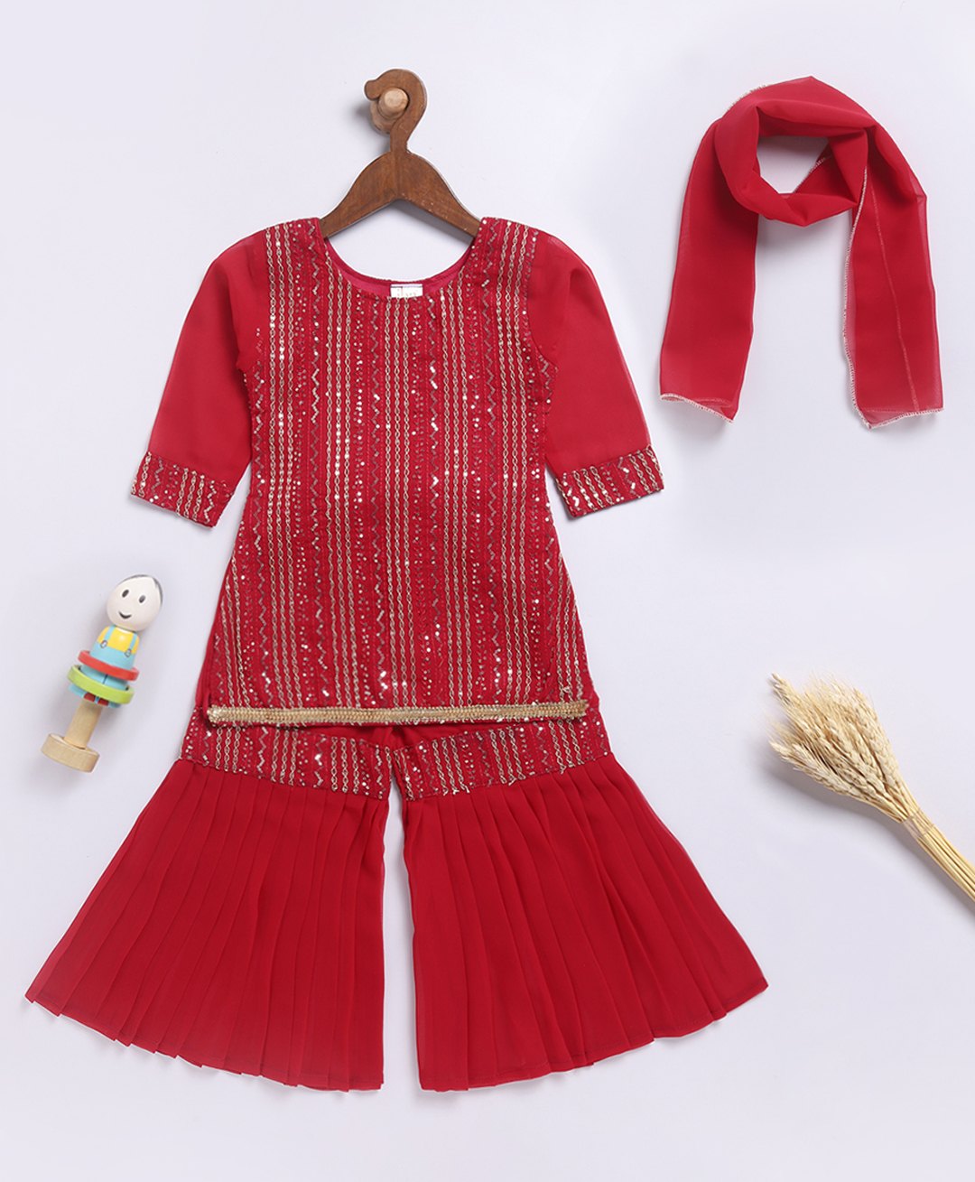 JBN Creation Georgette Three Fourth Sleeves Threadwork Embroidered Sequins & Lace Embellished Kurta Sharara With Dupatta Set - Magenta-image-17