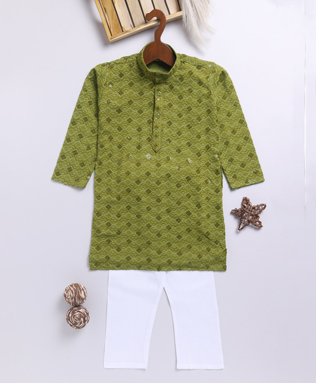 JBN Creation Rayon Full Sleeves Threadwork Embroidered Sequins Embellished Kurta Pyjama Set - Olive Green-picture-14