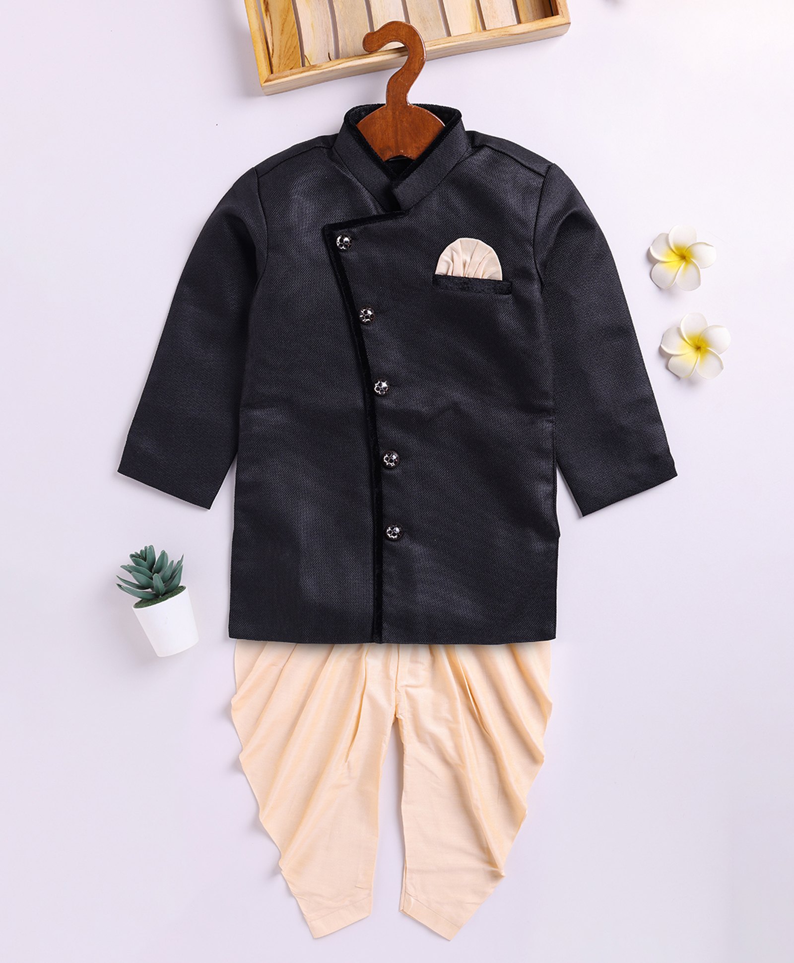 JBN Creation Cotton Blend Full Sleeves Solid Angrakha Style Dhoti Kurta Set - Black-image-21