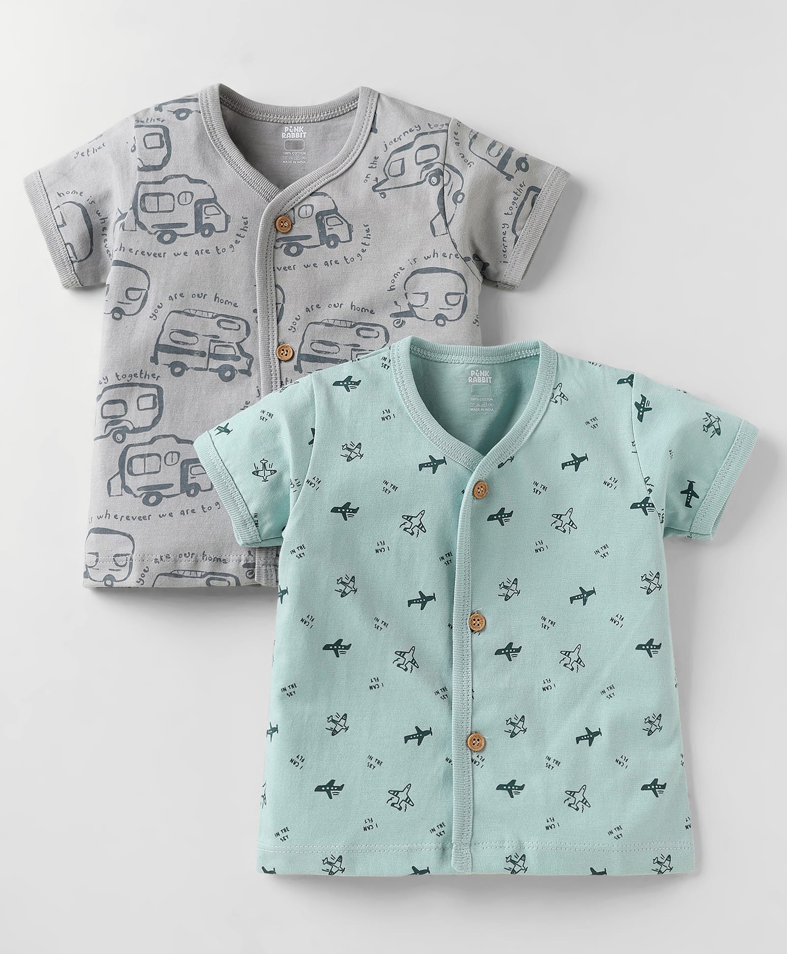 Pink Rabbit Single Jersey Knit Half Sleeves Front Open Jhablas with Vehicle Print Pack of 2 - Grey & Sky Blue-image-31