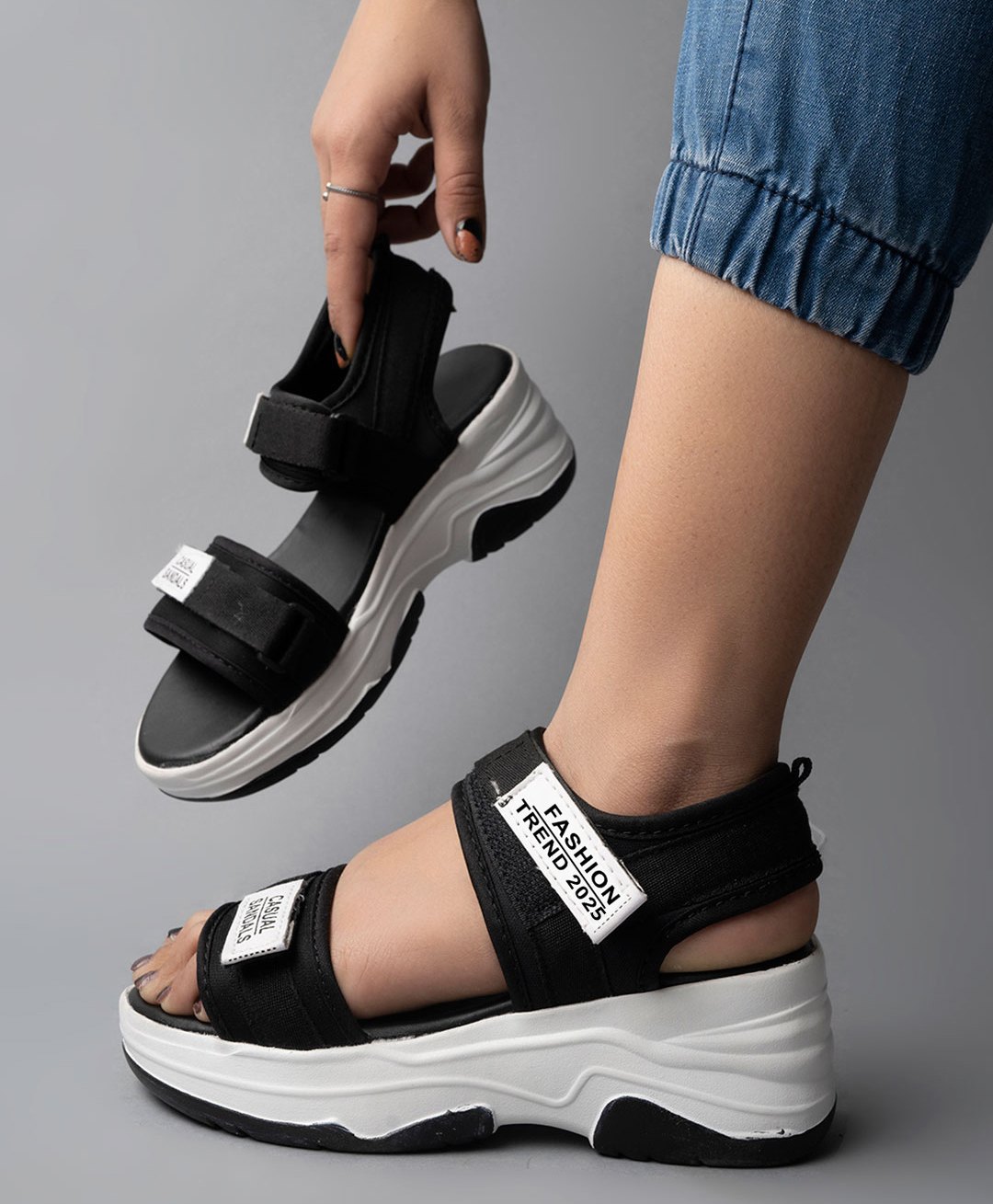 Shoetopia Typography Designed Sandals With Velcro Closure - Black-image-36