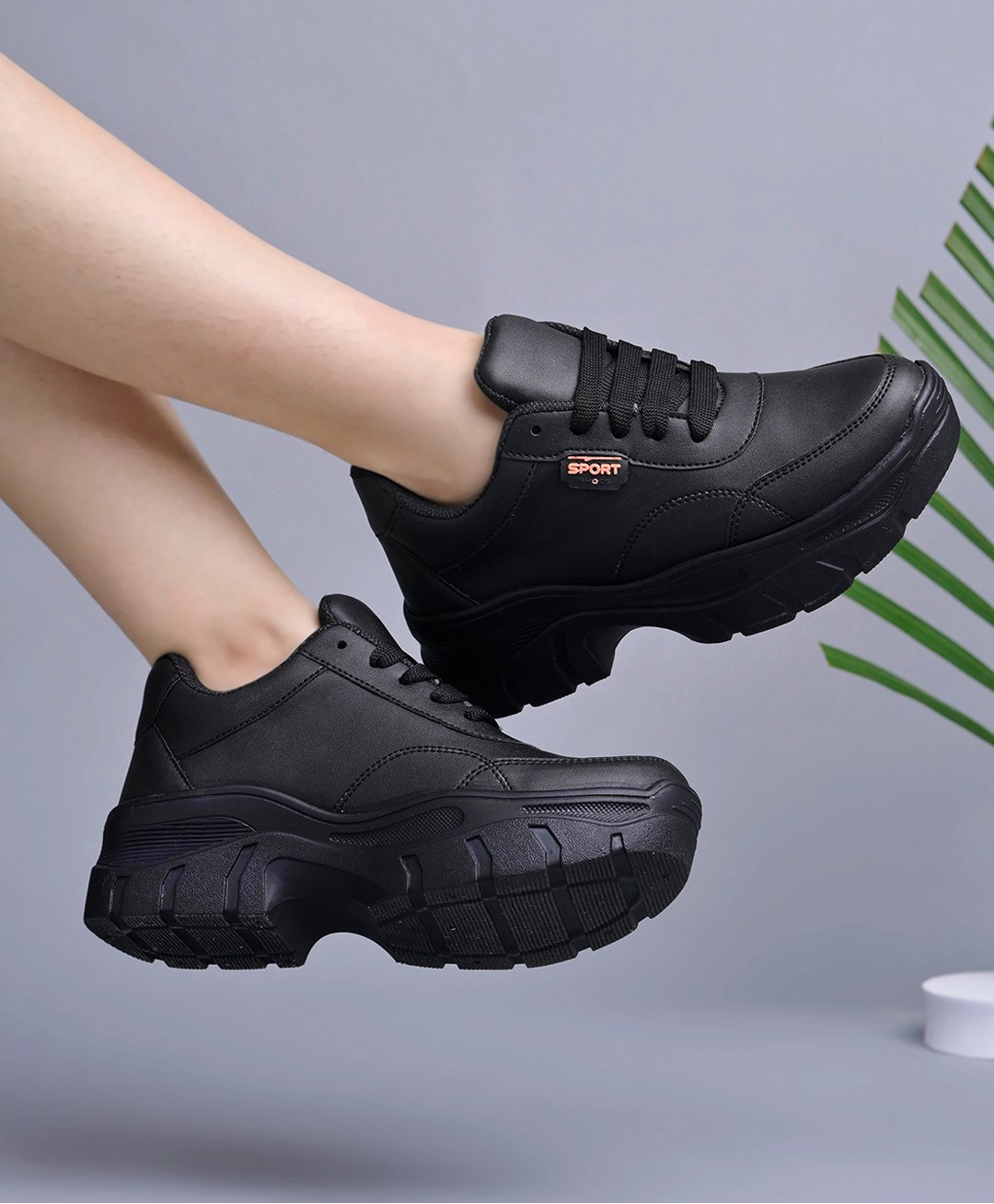 Shoetopia Sport Text Patch Detailed Lace Up Chunky Sneakers - Black-image-39
