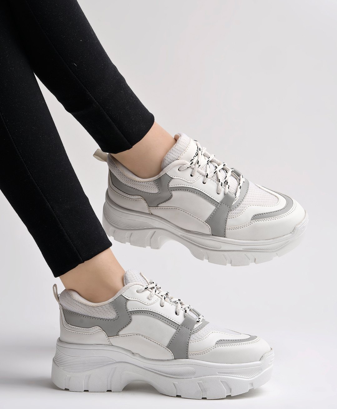 Shoetopia Sport Text Designed Mesh Detailed Lace Up Chunky Sneakers - Grey-image-40