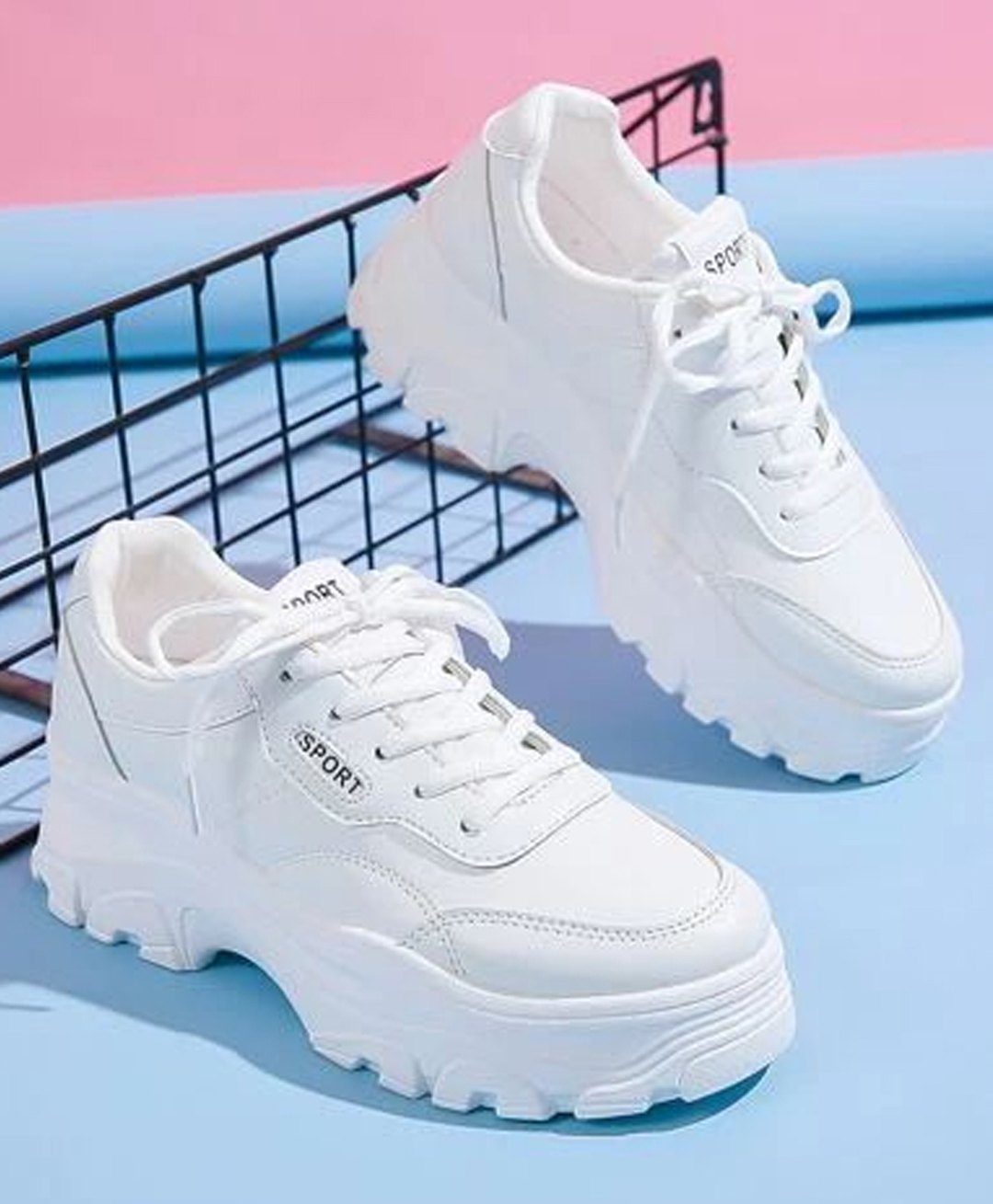 Shoetopia Sport Text Patch Detailed Lace Up Chunky Sneakers - White-image-43
