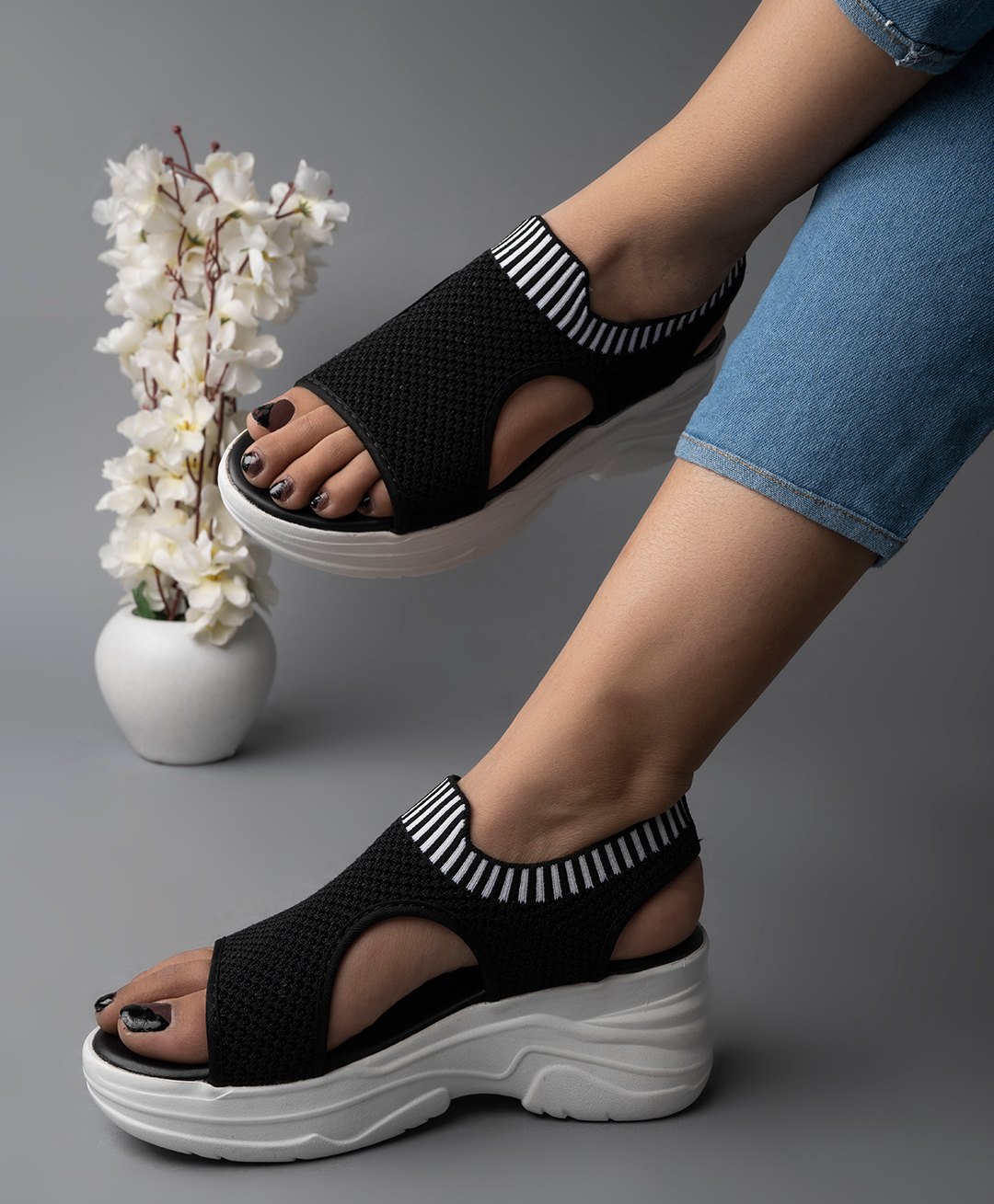 Shoetopia Striped Sandals - Black-image-31