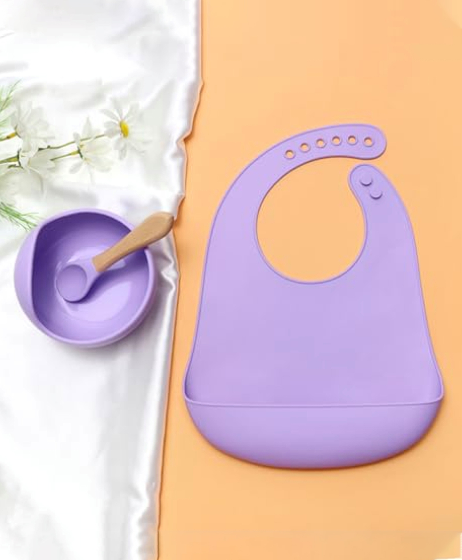 Kids Station 3 Piece BPA-Free Silicone Baby Feeding Set - Baby Bib - Spoon and Bowl - Make Mealtime Fun and Easy for Your Little One - Baby Self Feeding Habit - Purple-picture-28