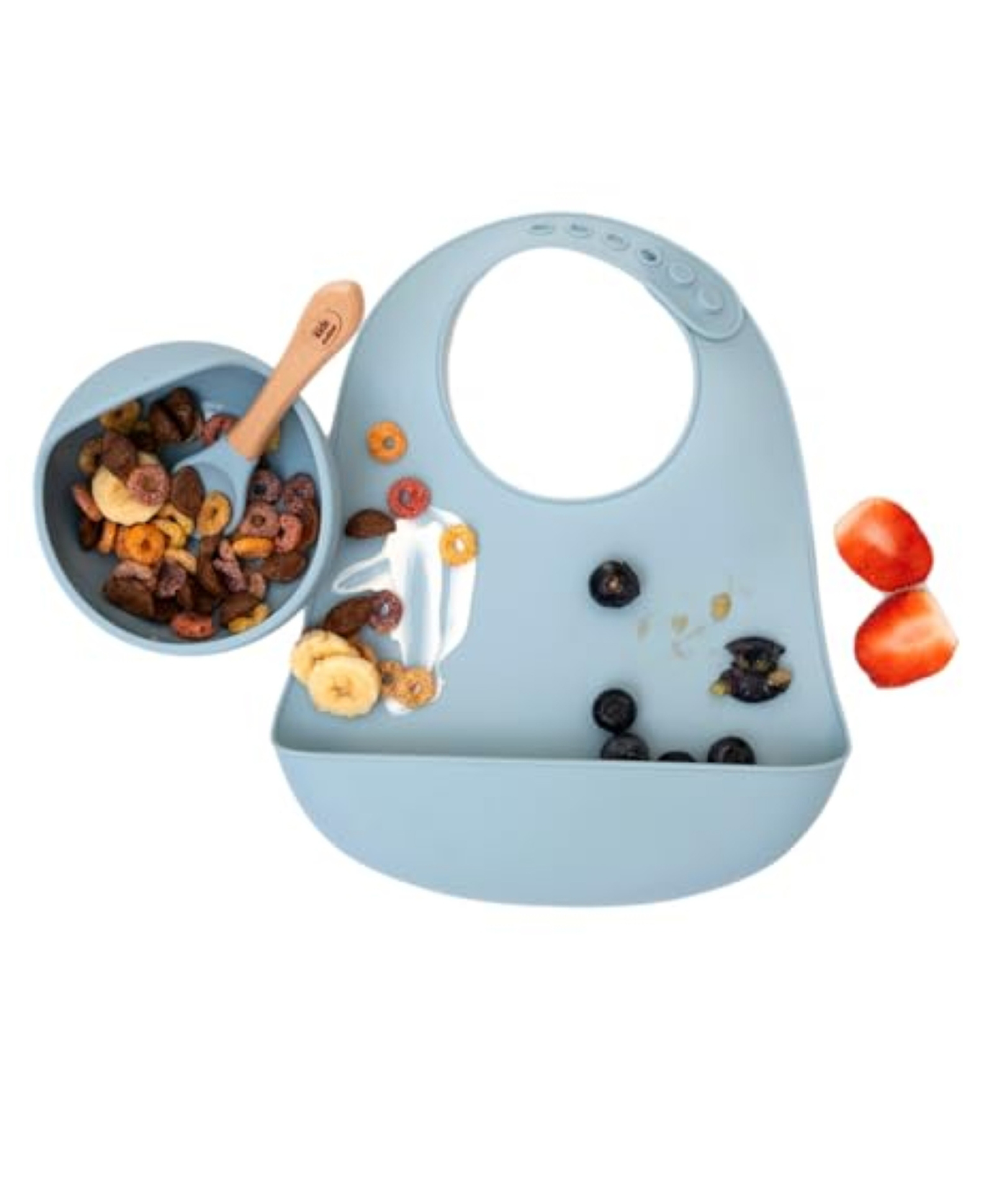 Kids Station 3 Piece BPA-Free Silicone Baby Feeding Set - Baby Bib - Spoon and Bowl - Make Mealtime Fun and Easy for Your Little One - for Infants + Toddlers - Baby Self Feeding Habit - Blue-image-26