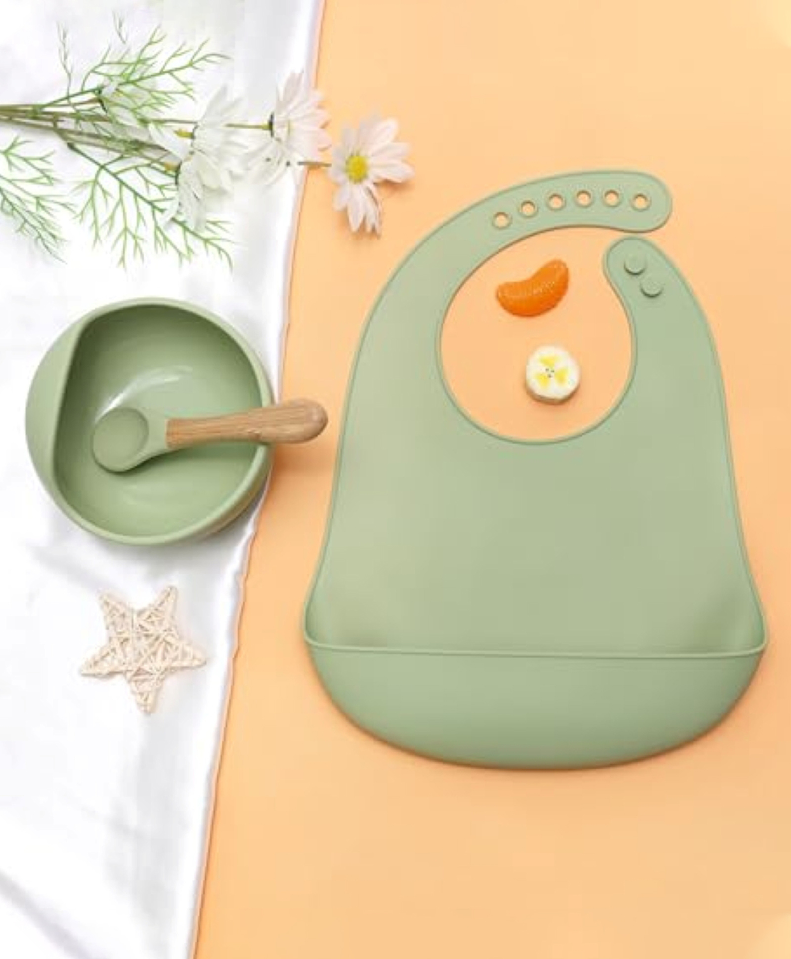 Kids Station 3 Piece Easy to Carry Silicone Baby Feeding Set - Baby Bib - Spoon and Bowl - Make Mealtime Fun - Promotes Baby Self-Feeding - Microwave Safe - Unbreakable Eco-Friendly - Green-image-26