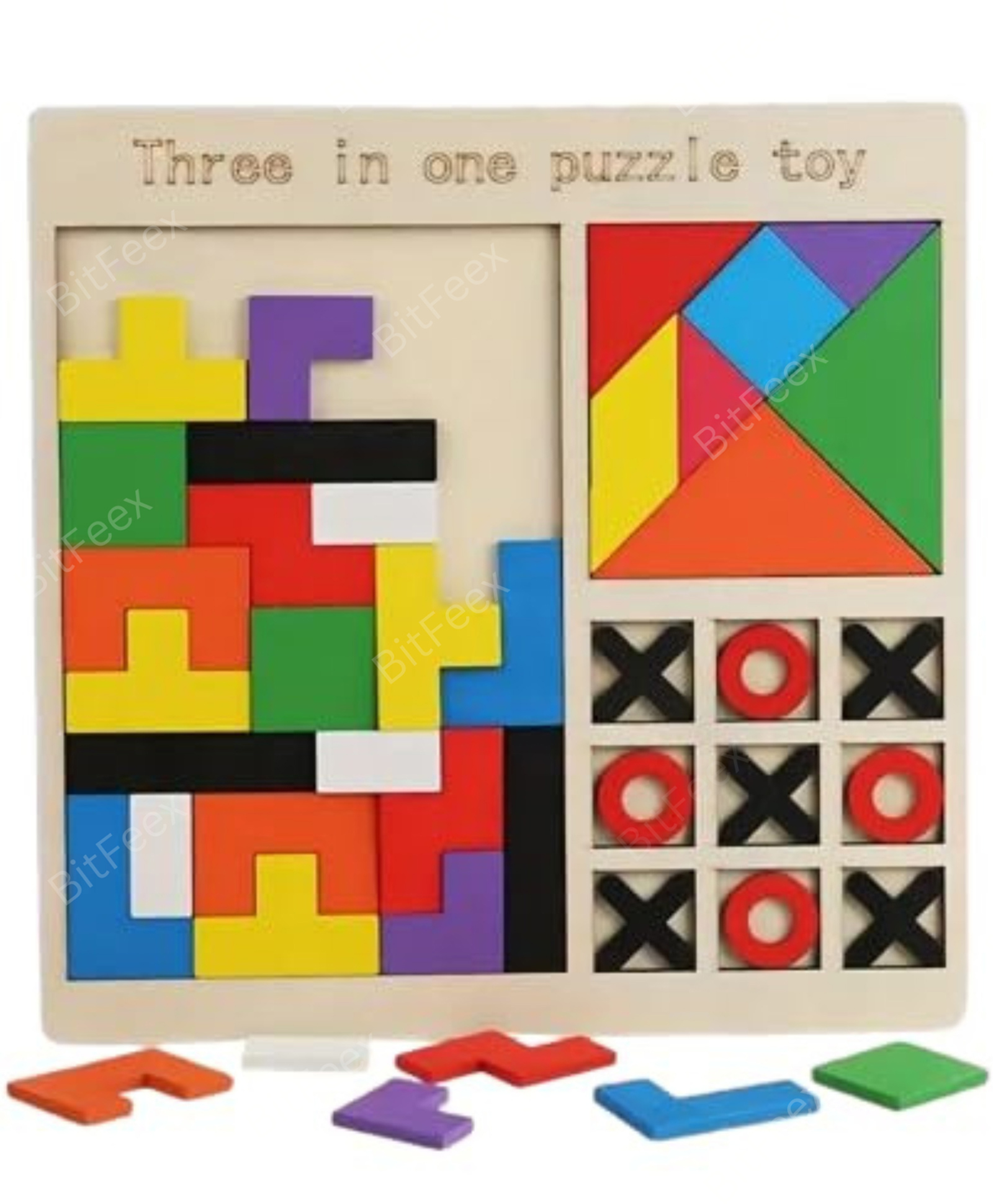 BitFeex 3 in 1 Wooden Puzzles Wooden Children's Educational Colorful Square Tangram Game Chess Xo Tic-Tac-Toe Nine-Square Three-in-One Puzzle Game Building Blocks Early Education Toy-image-10