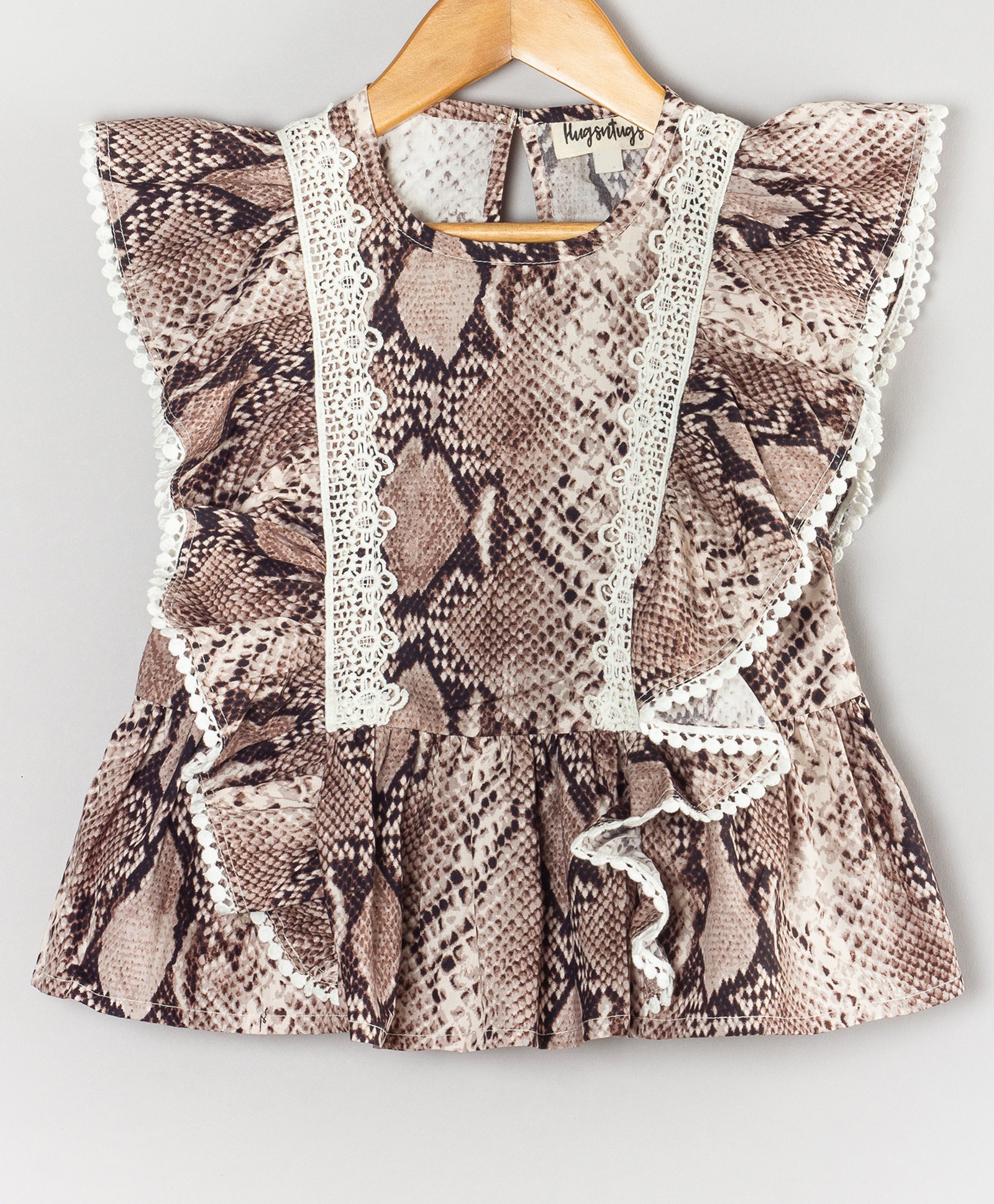 Hugsntugs Woven Cotton Sleeveless Snake Skin Printed Frill & Lace Detailed Top - Brown-image-41