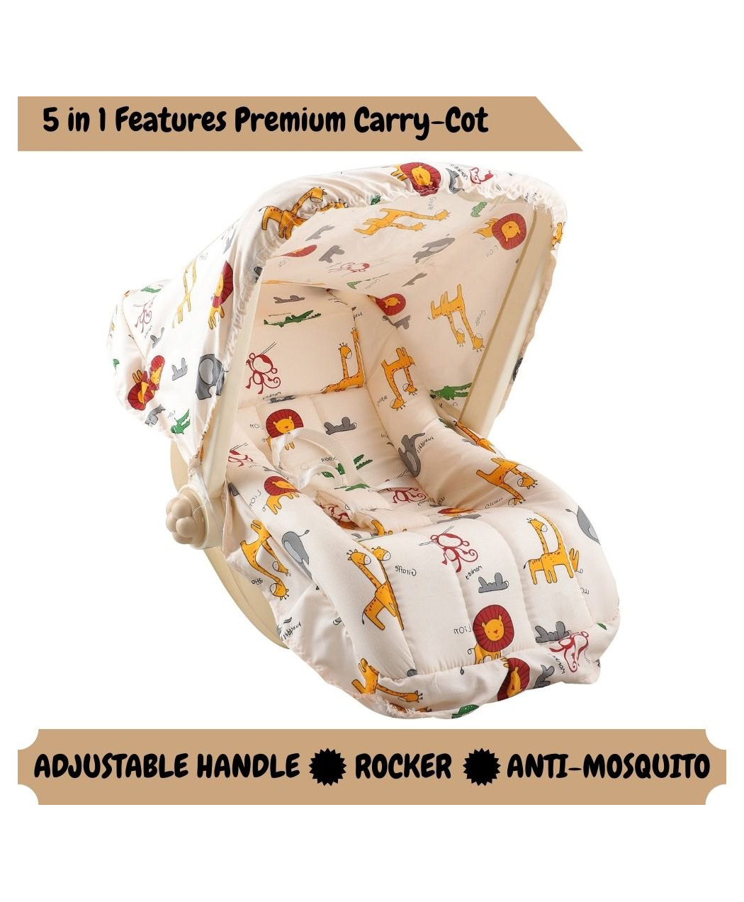 JoyRide DLX PLUS Carry Cot & Rocking Chair with Adjustable Handle & Mosquito Net| Large Canopy | 3-Point Safety Lap Belt | Double Cushioned Washable Seats-image-22