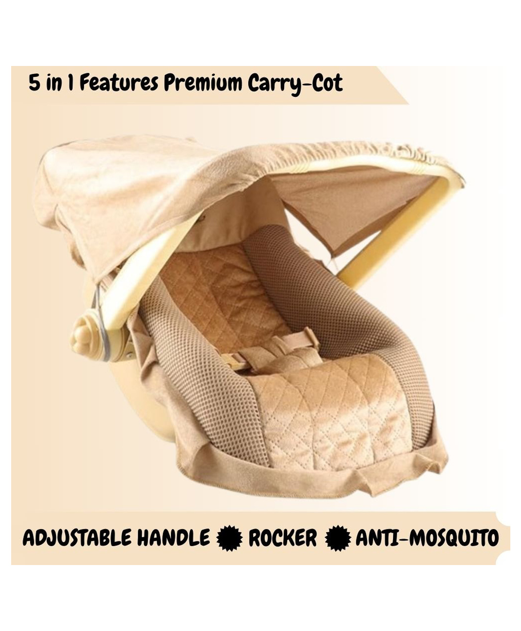 JoyRide DLX Carry Cot & Rocking Chair with Adjustable Handle & Mosquito Net| Large Canopy | 3-Point Safety Lap Belt | Double Cushioned Washable Seats