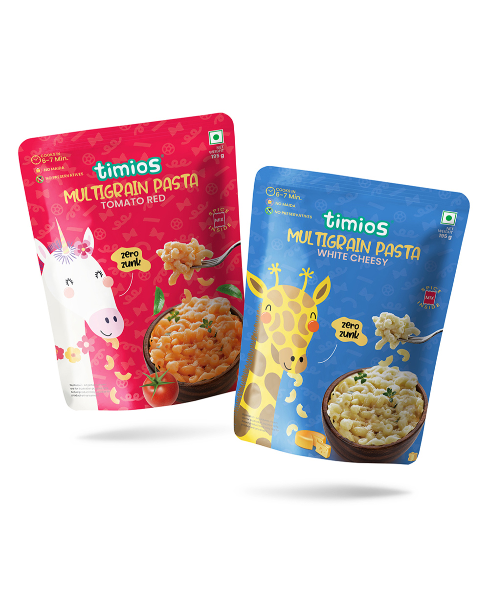 timios No-Maida Multigrain White Cheesy Instant Macaroni Pasta & Tomato Red Pasta | Healthy Pasta made With Brown Rice and Corn | No Preservatives | No Artificial Colors & Flavours | No Trans Fat | Pack of 2- 195 g Each